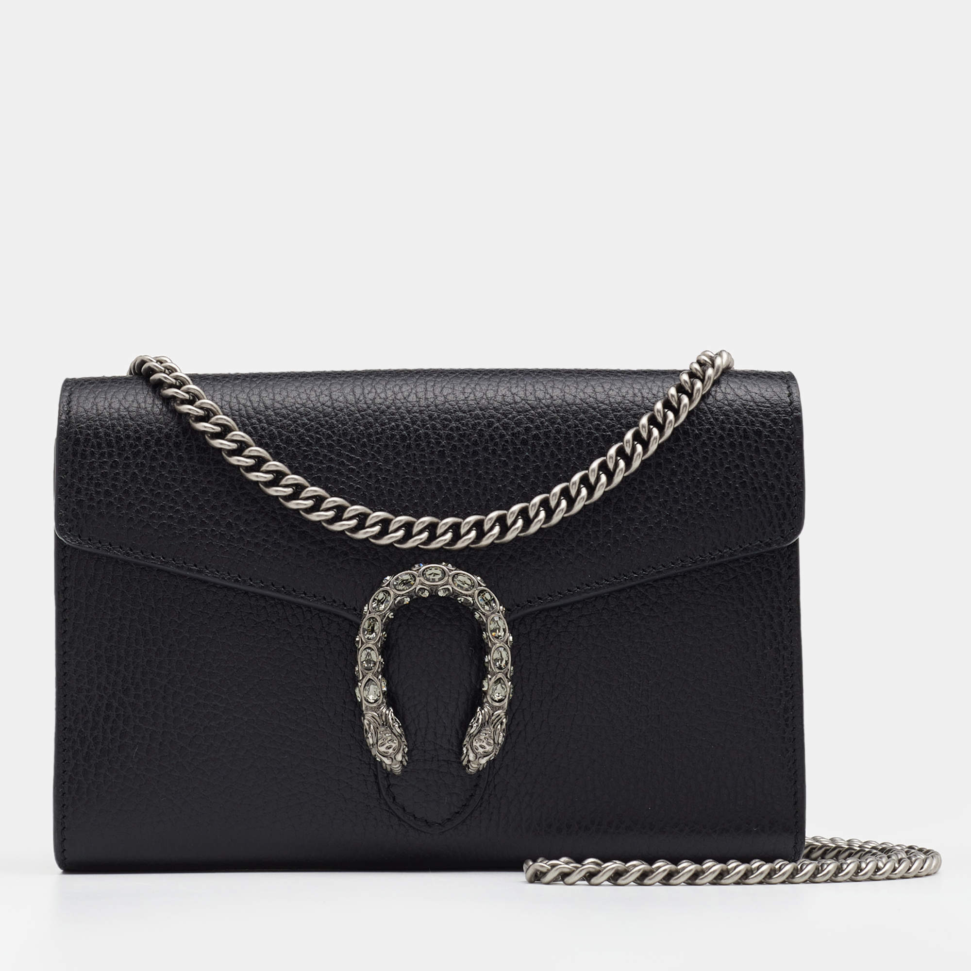 Pre Owned Gucci Black Leather Mini Dionysus Wallet On Chain