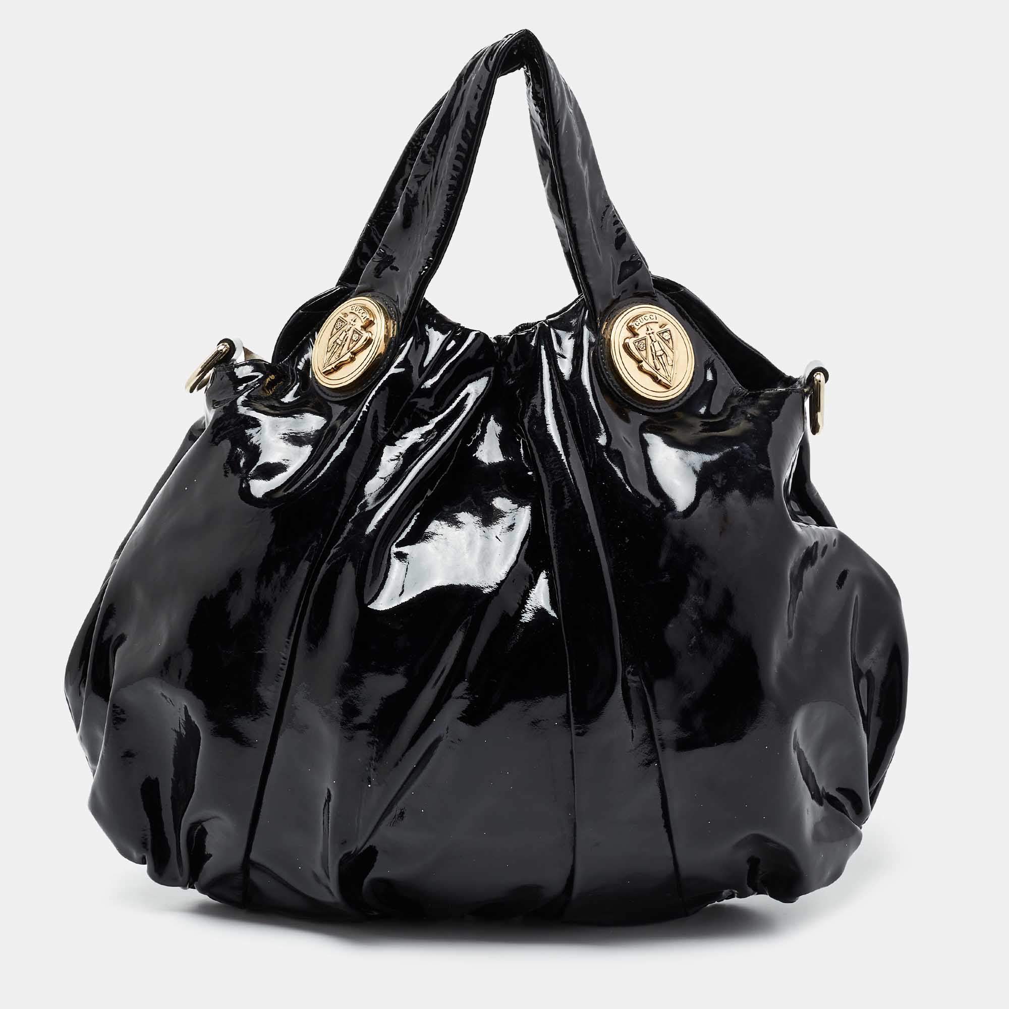 Pre Owned Gucci Black Patent Leather Large Hysteria Hobo
