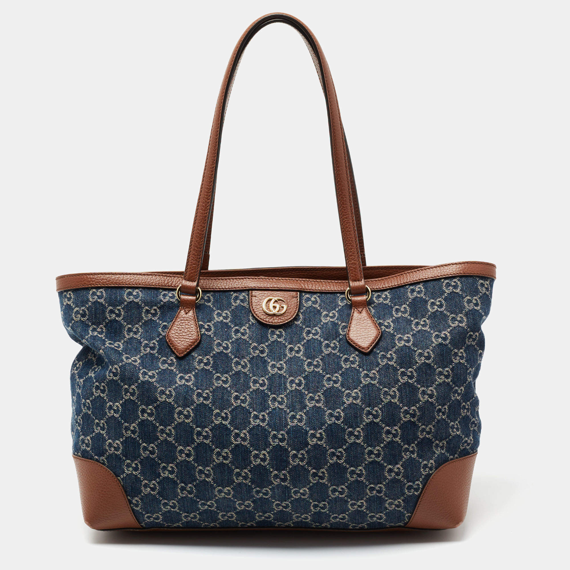 Pre Owned Gucci Blue/Brown GG Denim And Leather Medium Ophidia Tote