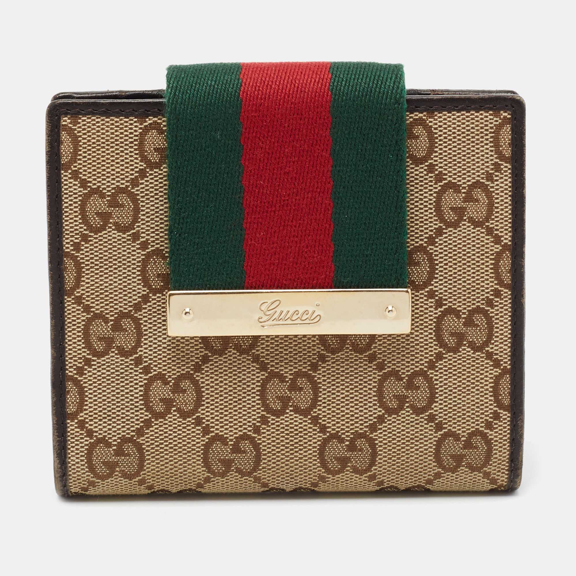 Pre Owned Gucci Beige/Brown GG Canvas and Leather Web Flap French Wallet