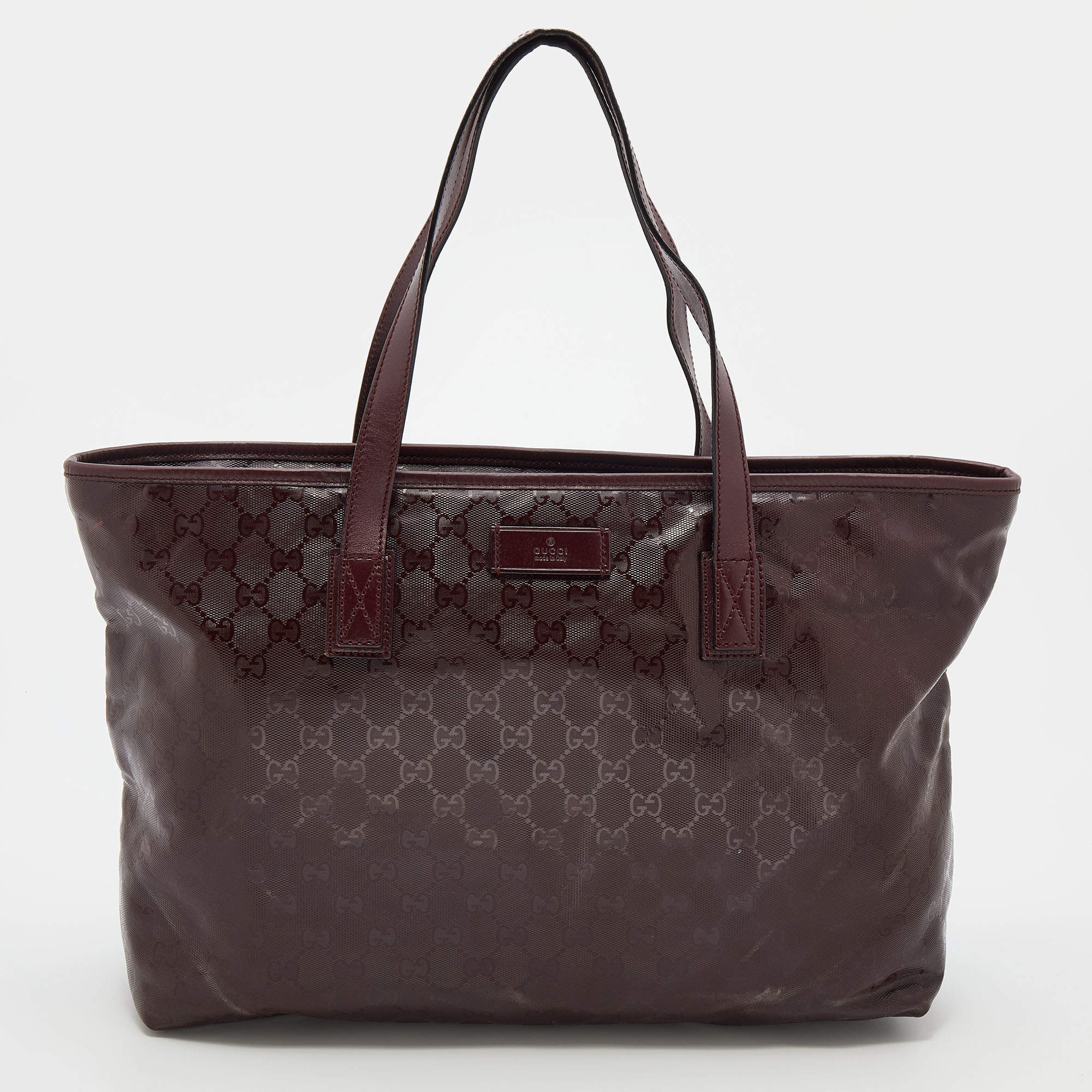 Pre Owned Gucci Burgundy GG Imprime Canvas And Leather Shopper Tote