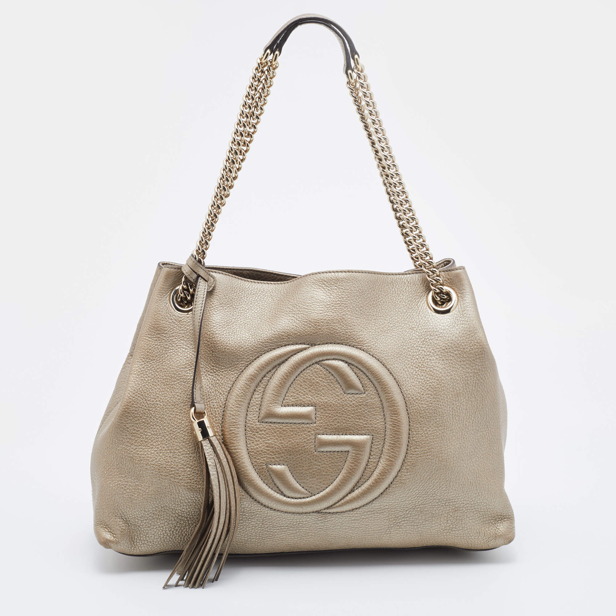 Pre Owned Gucci Light Gold Pebbled Leather Medium Soho Chain Tote