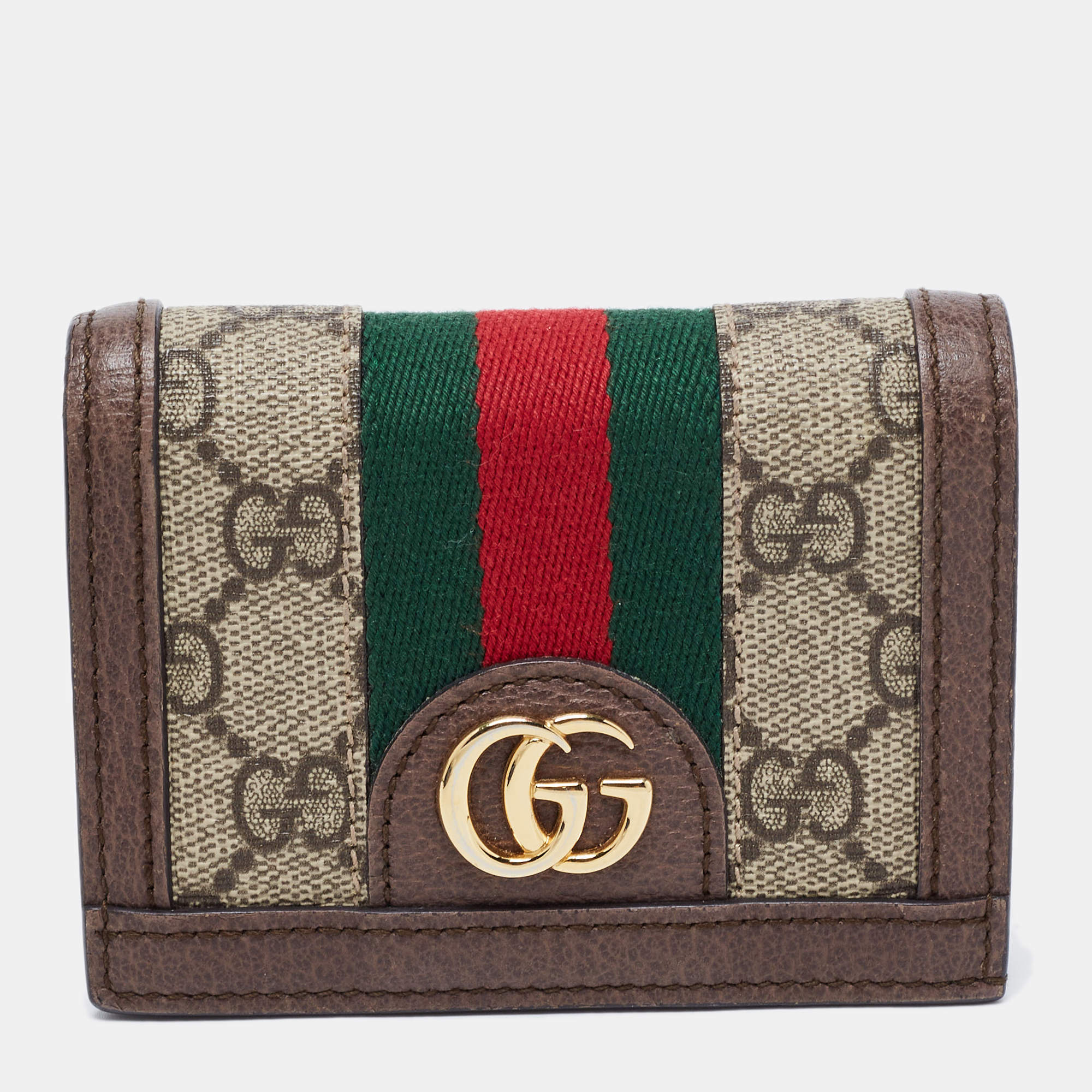 Pre Owned Gucci Beige/Brown GG Supreme Canvas and Leather Ophidia Compact Wallet