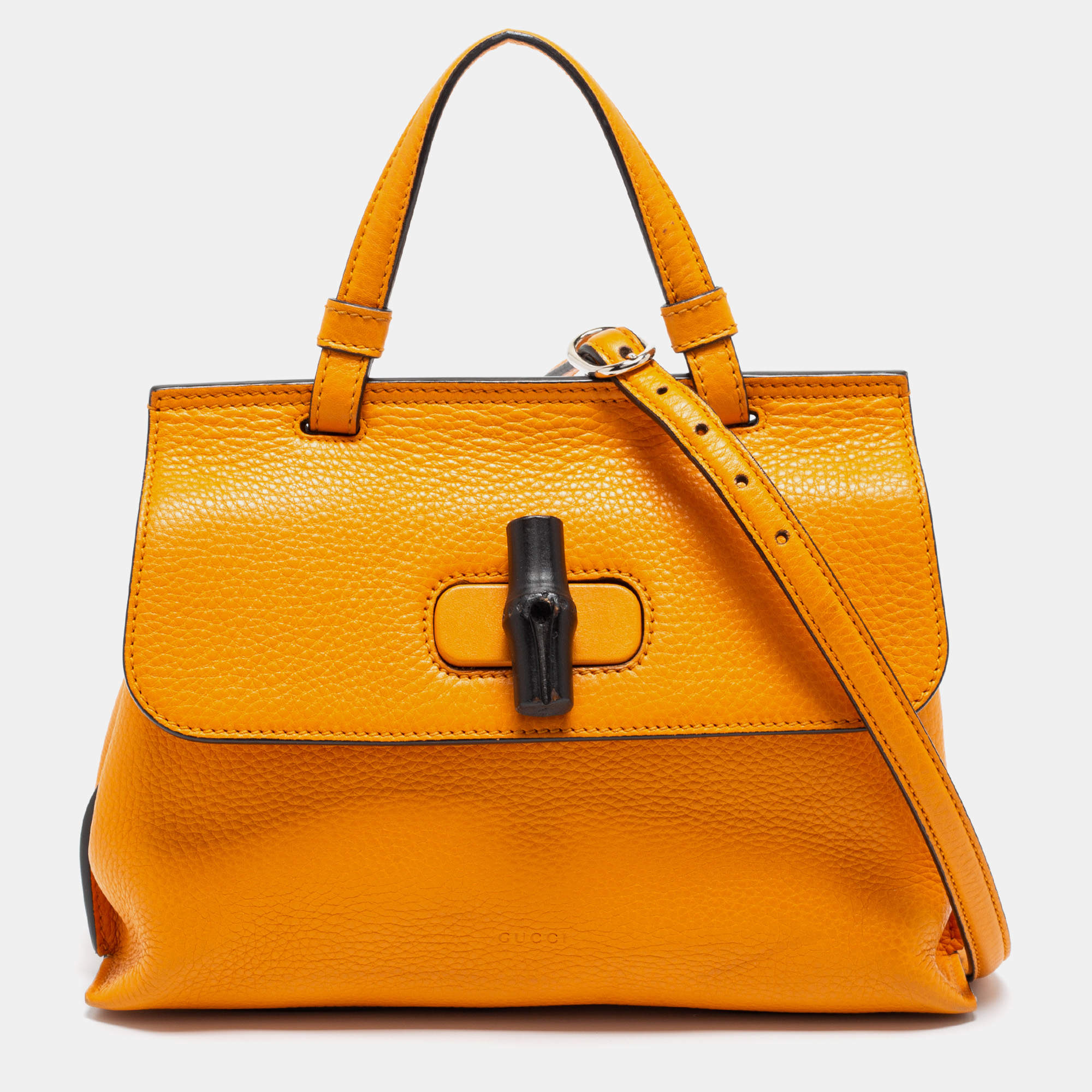Pre Owned Gucci Tangerine Leather Small Bamboo Daily Top Handle Bag