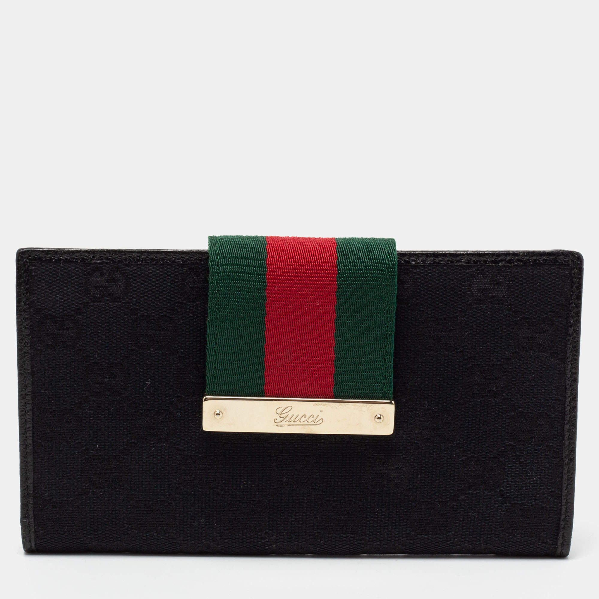 Pre Owned محفظة كونتينينتال غوتشي جلد وكانفاس جي جي أسود قلاب شريط ويب