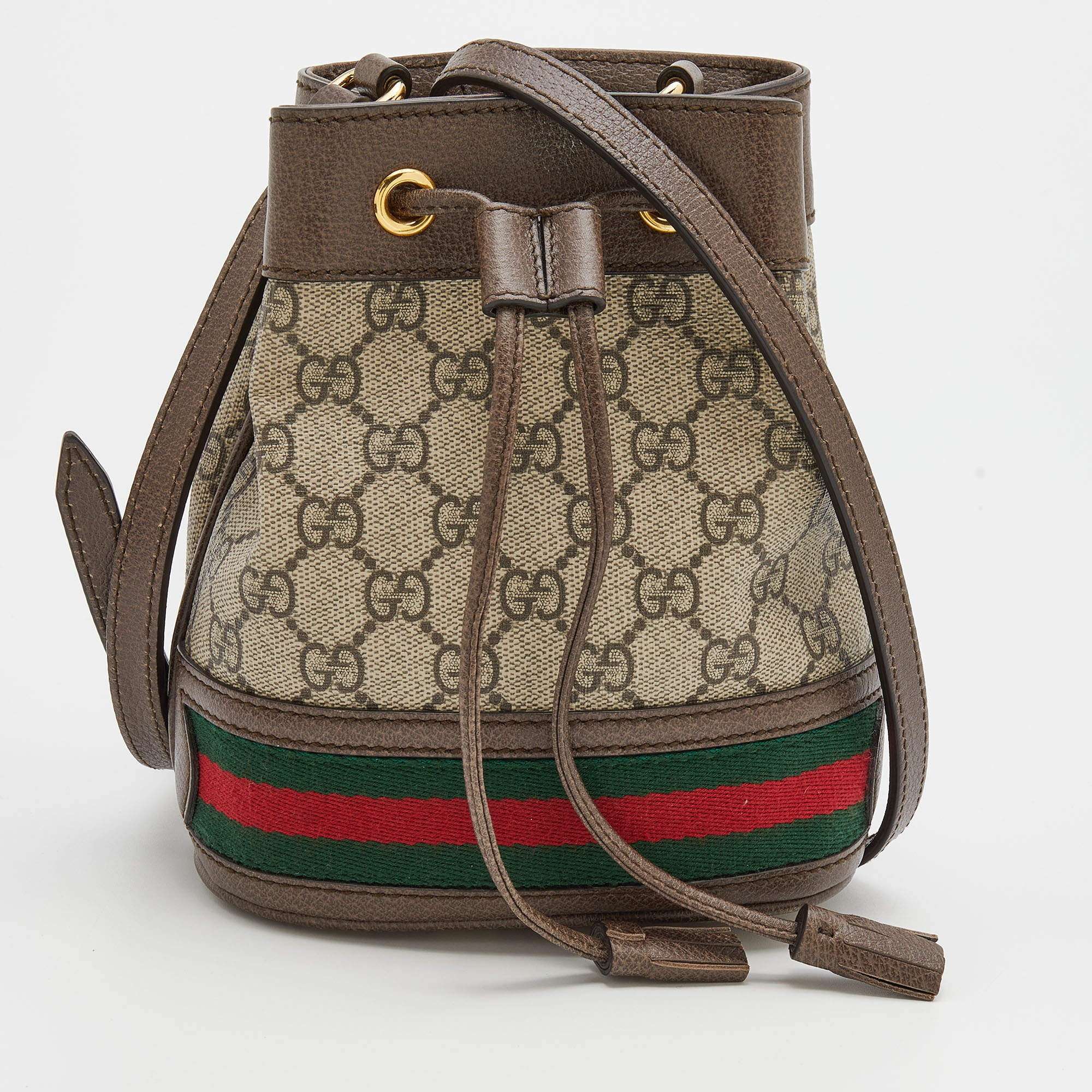 Pre Owned Gucci Beige/Taupe GG Supreme Canvas and Leather Web Ophidia Bucket Bag
