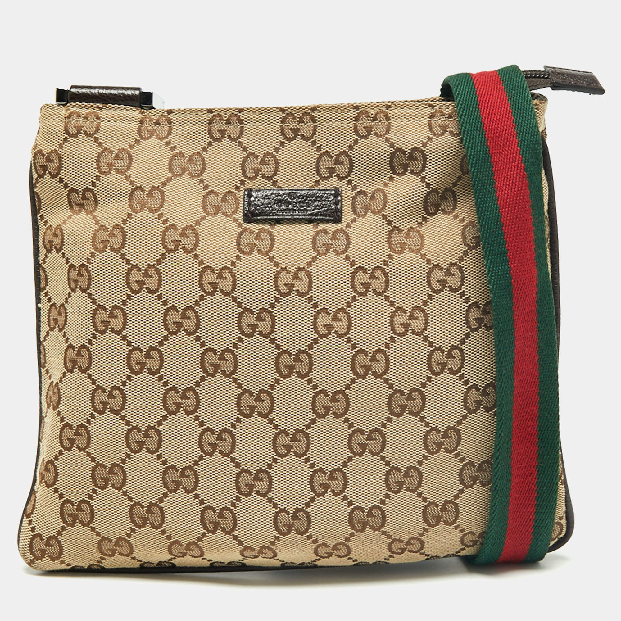 Pre Owned Gucci Beige GG Canvas And Leather Web Messenger Bag
