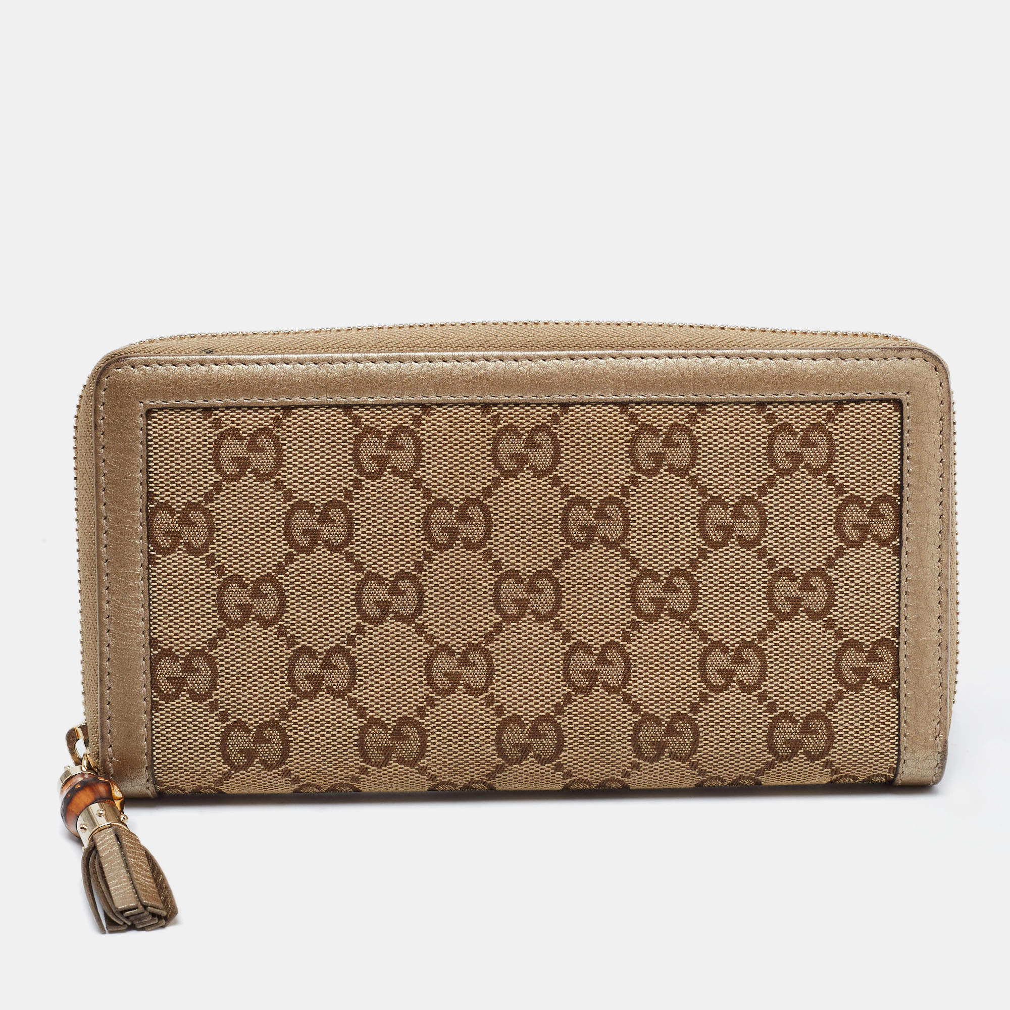 Pre Owned Gucci Beige/Gold GG Canvas and Leather Bamboo Tassel Zip Around Wallet