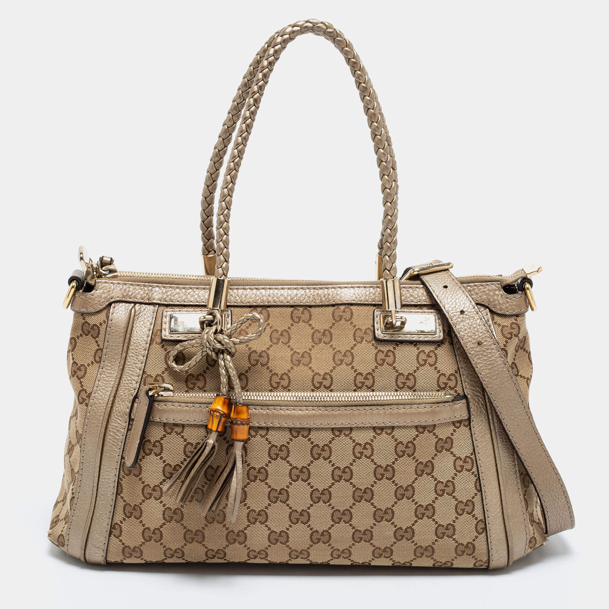 Pre Owned Gucci Beige/Gold GG Canvas and Leather Small Bella Tote