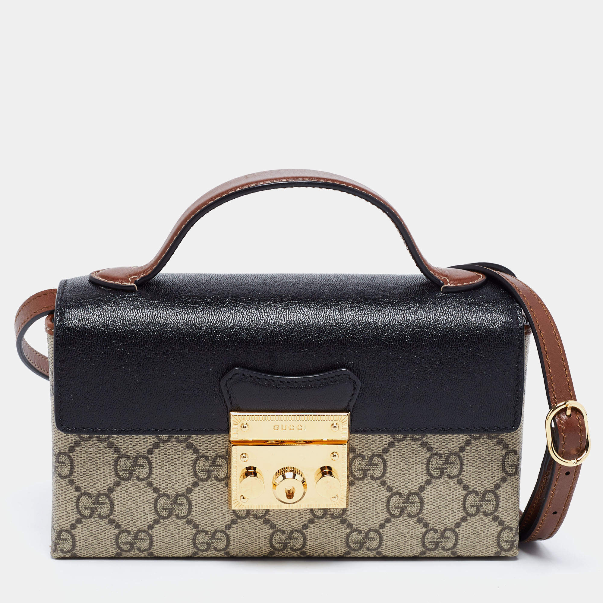 Pre Owned Gucci Beige/Black GG Supreme Canvas and Leather Mini Padlock Top Handle Bag