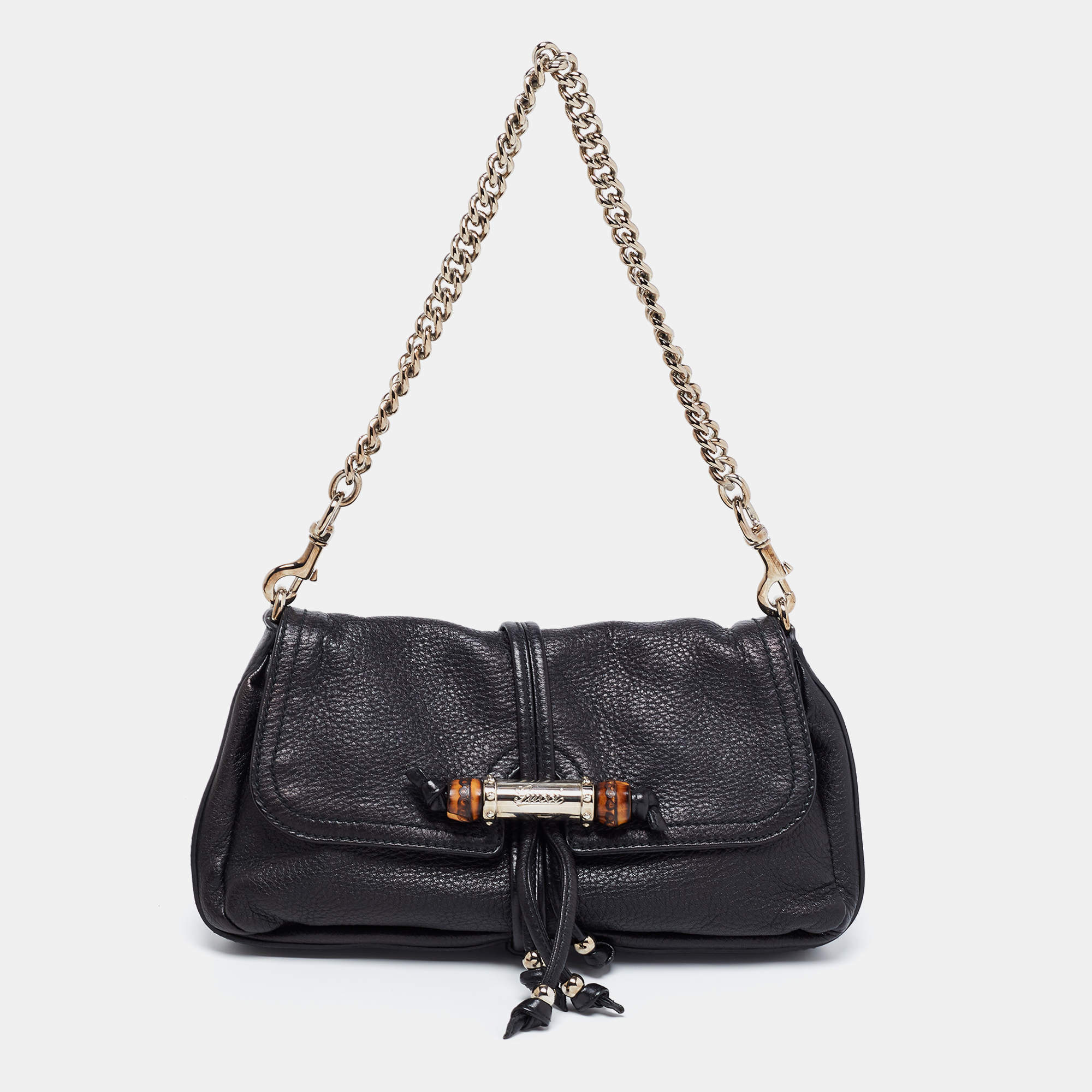 Pre Owned Gucci Black Leather New Bamboo Tassel Shoulder Bag