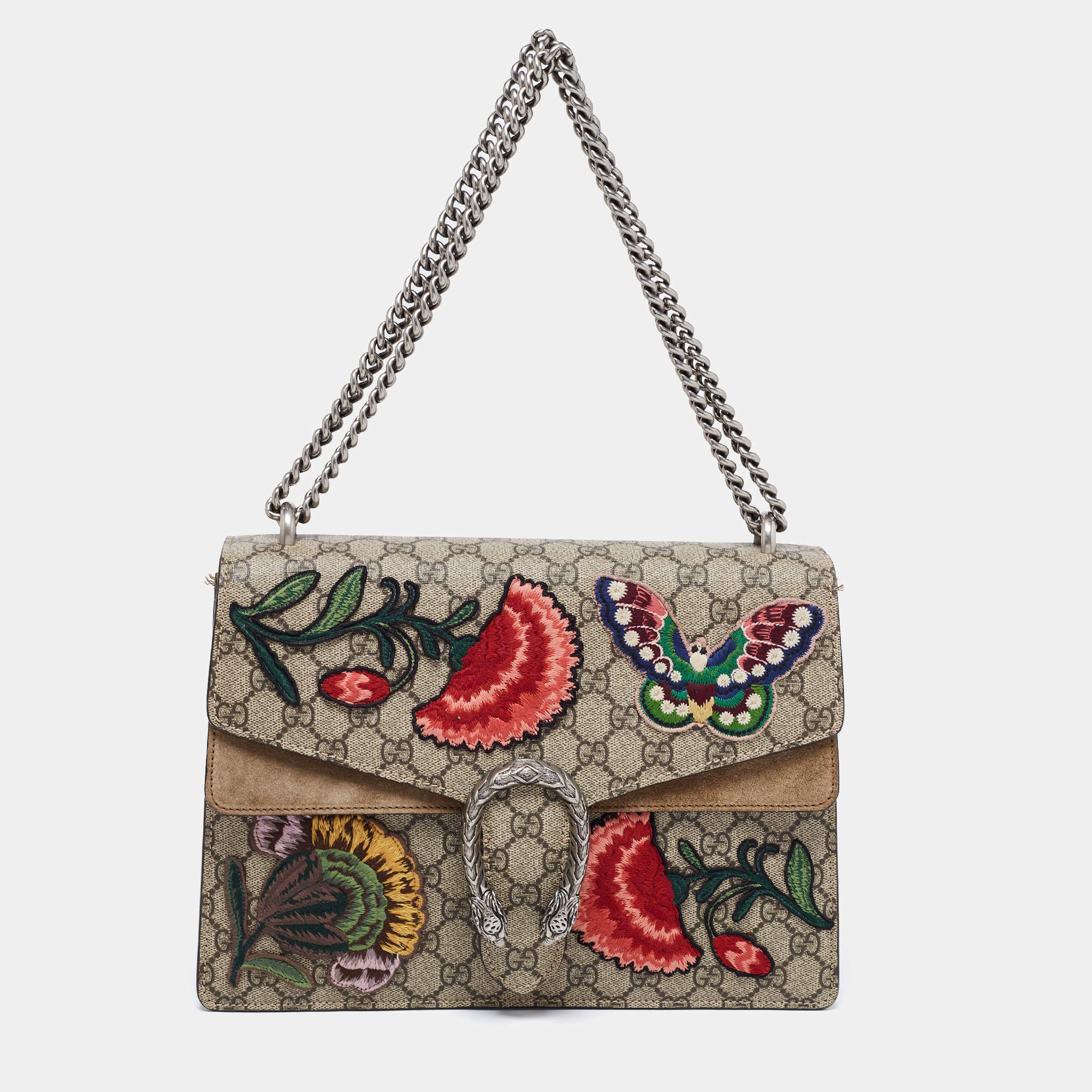 Pre Owned Gucci Beige GG Supreme Canvas and Suede Medium Patchwork Dionysus Shoulder Bag