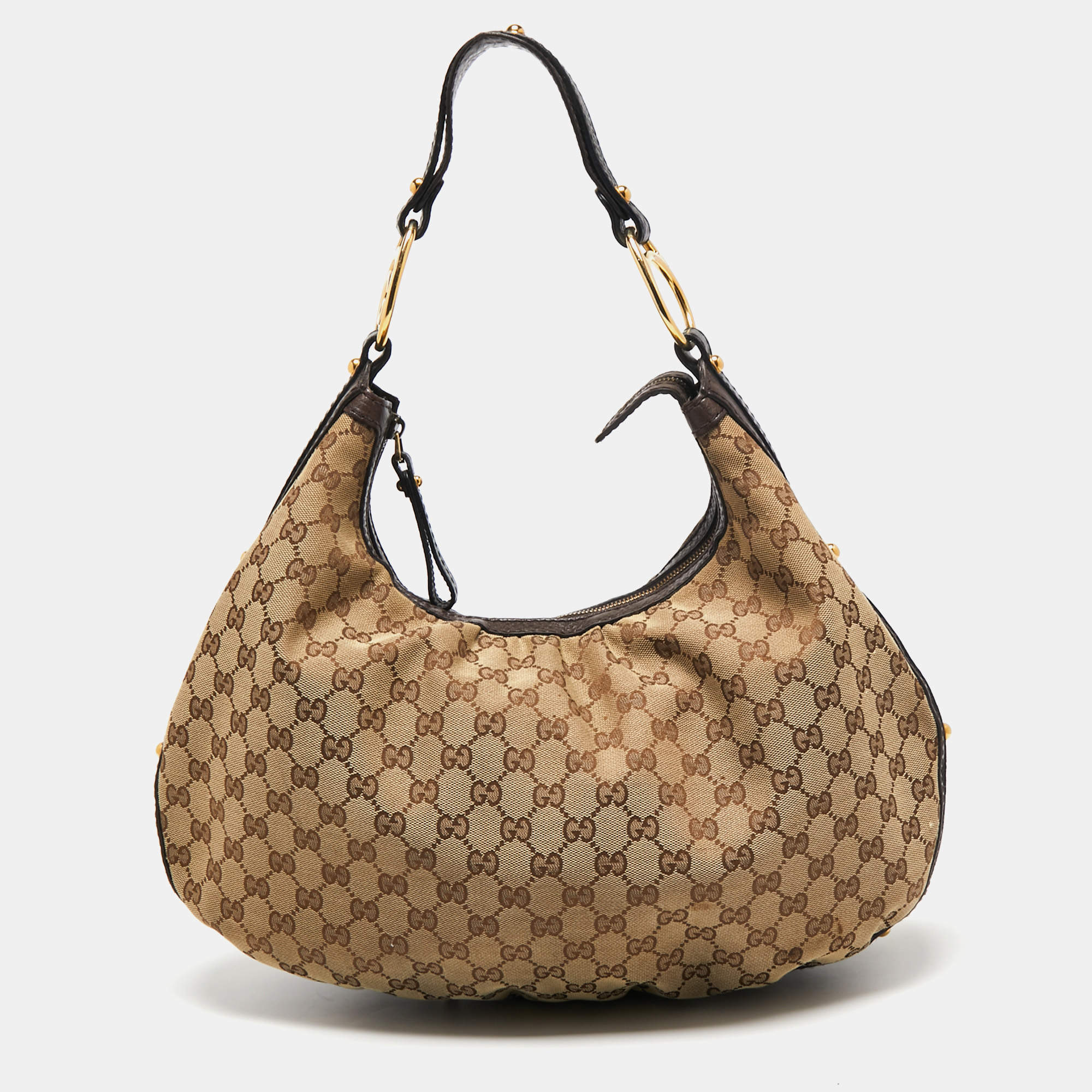 Pre Owned Gucci Beige/Brown GG Canvas and Leather Medium Interlocking G Hobo