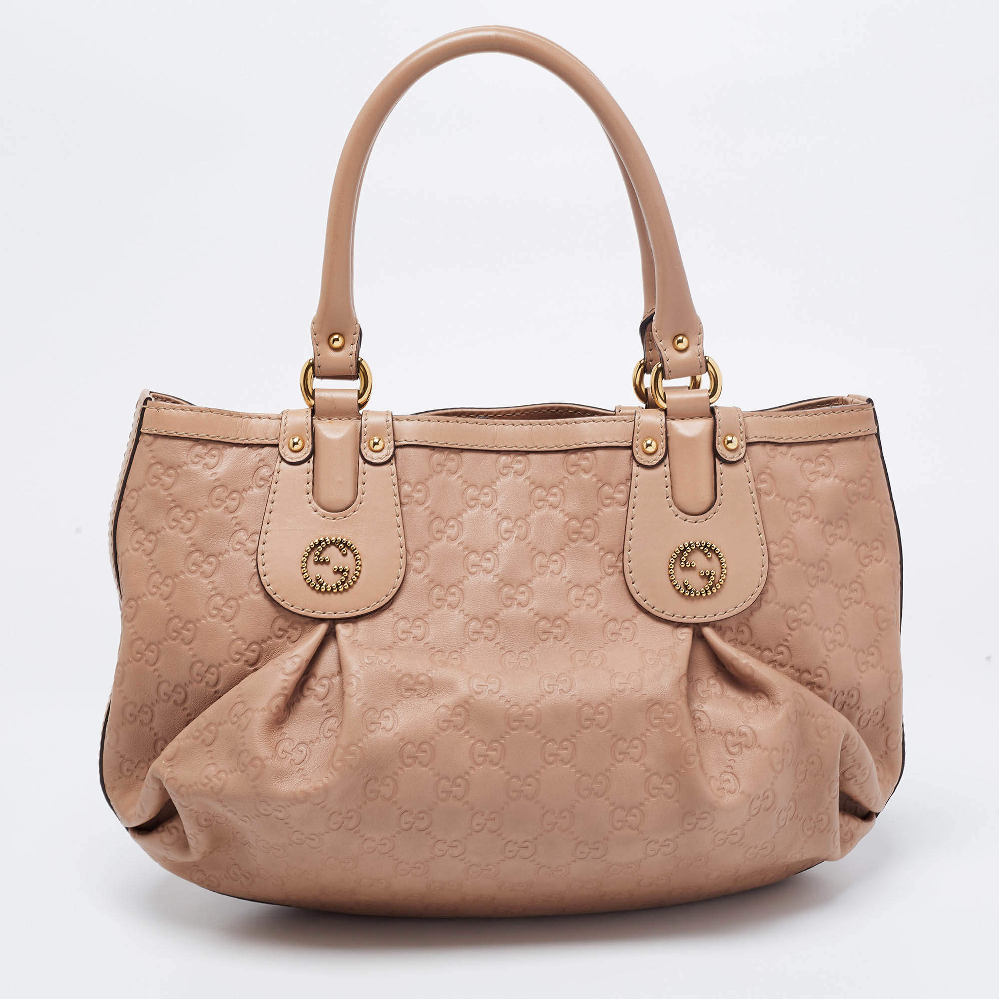 Pre Owned Gucci Beige Guccissima Leather Scarlett Stud Interlocking G Hobo