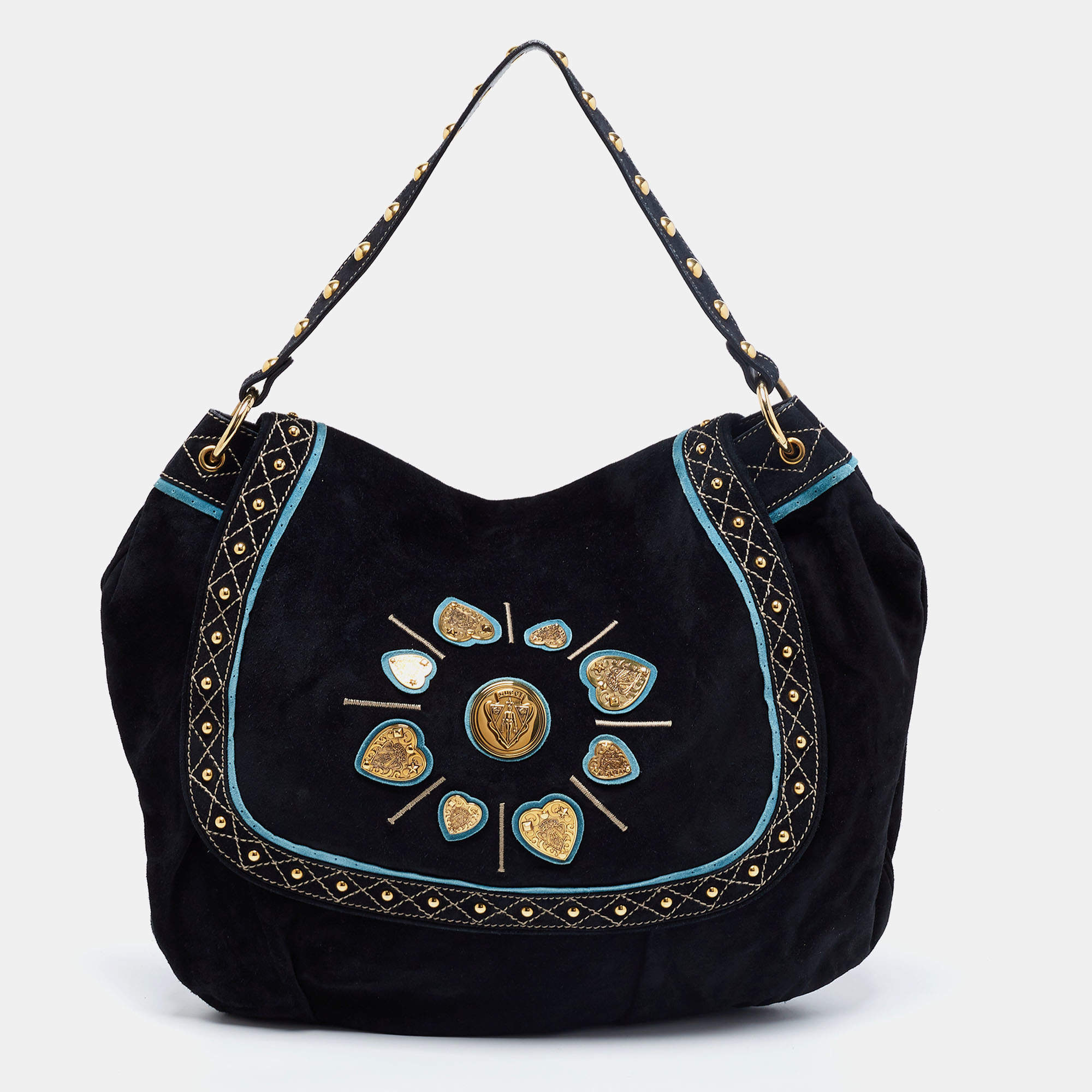 Pre Owned Gucci Two Tone Blue Suede And Leather Large Irina Shoulder Bag