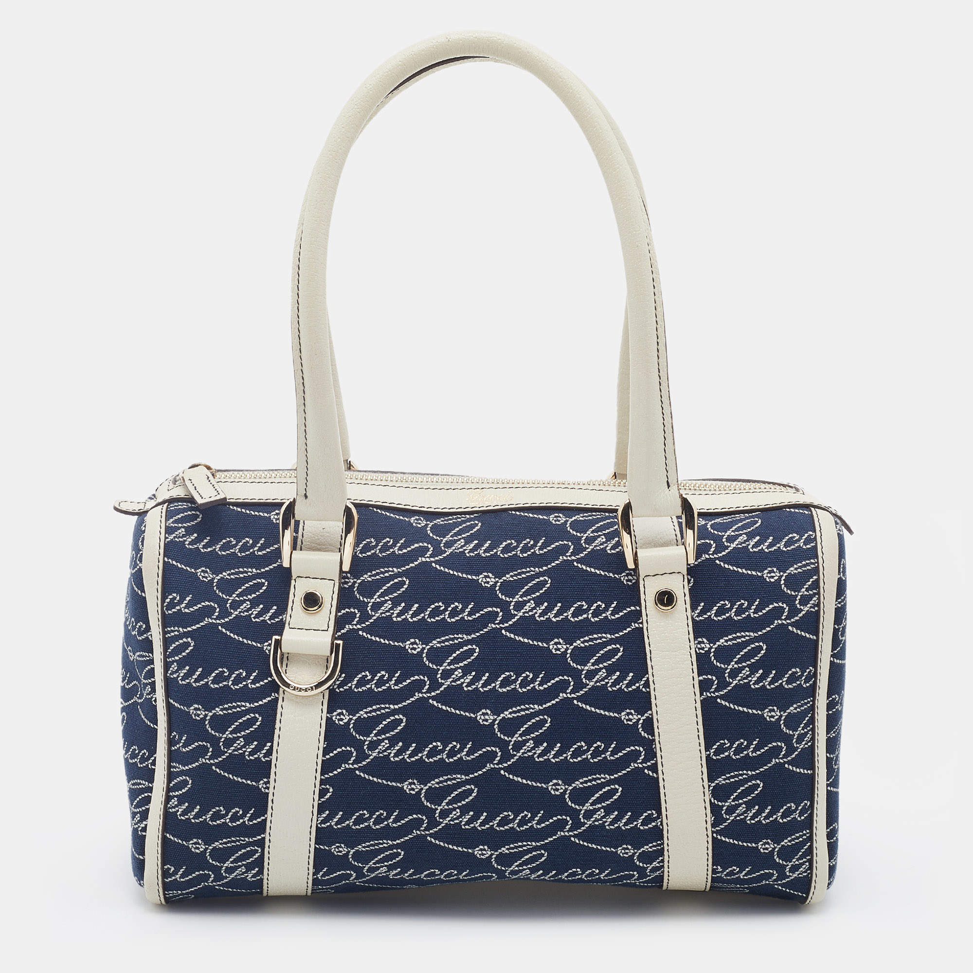 مملوكة مسبقًا Gucci Blue/White Logo Script Canvas And Leather Joy Boston Bag