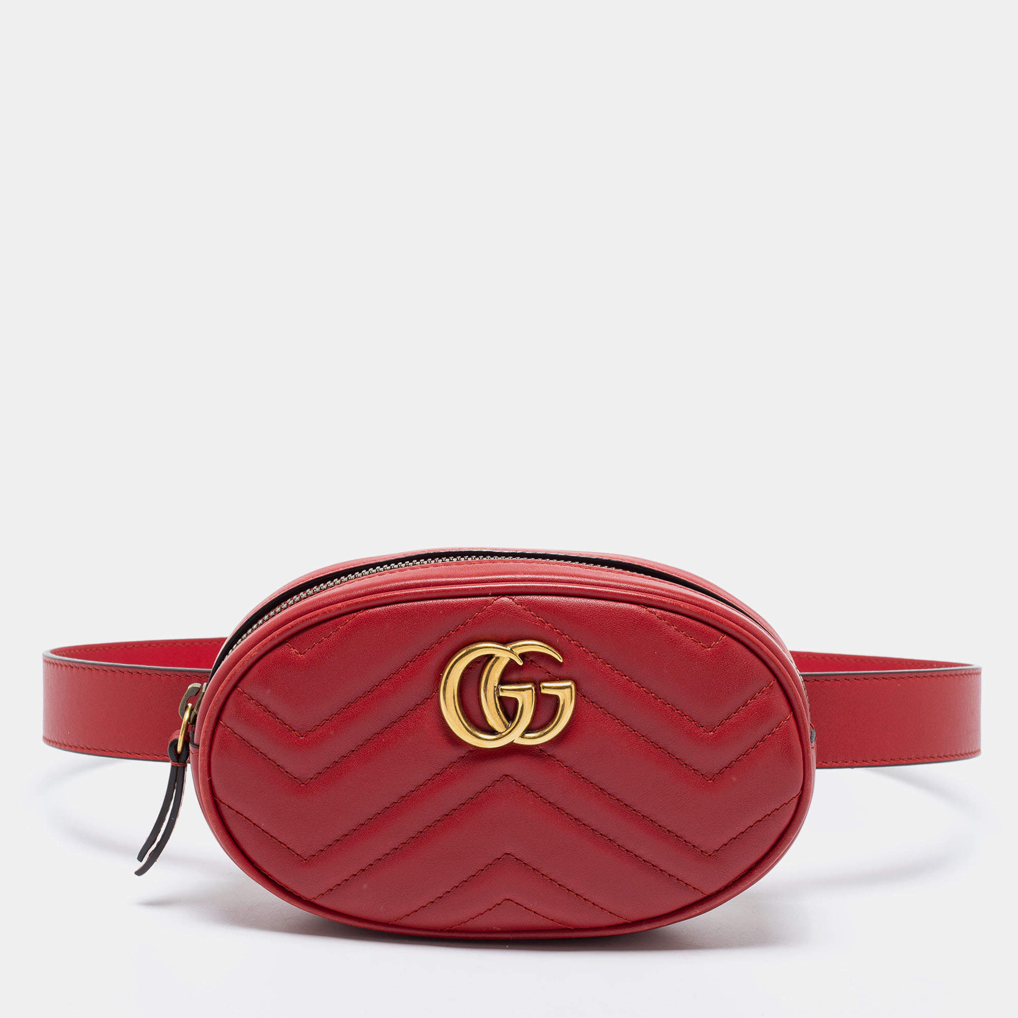Pre Owned Gucci Red Matelassé Leather GG Marmont Belt Bag