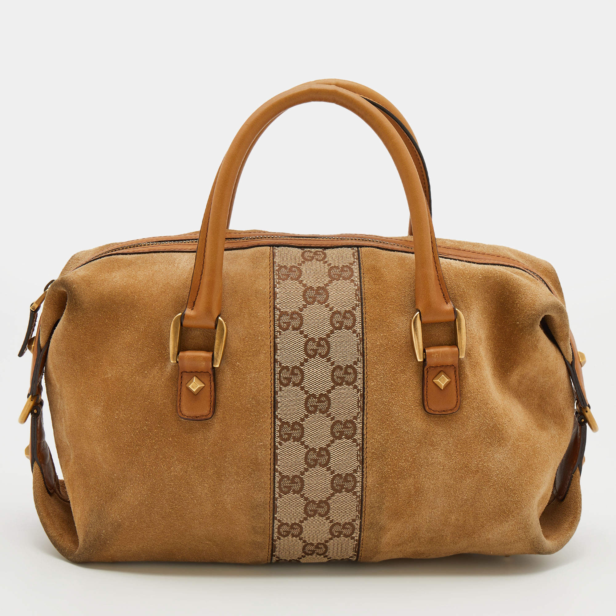 Pre Owned Gucci Beige/Tan GG Canvas And Suede Boston Bag