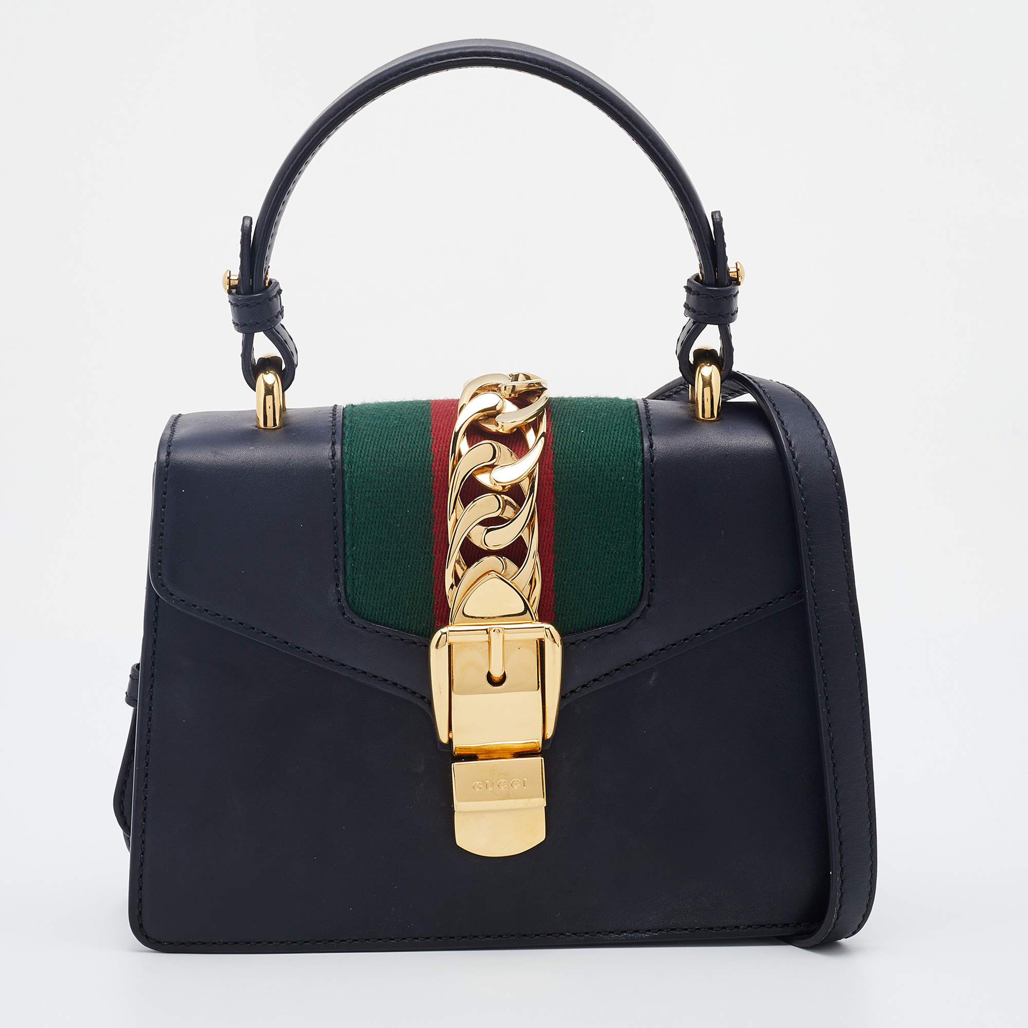 Pre Owned Gucci Black Leather Mini Web Chain Sylvie Top Handle Bag