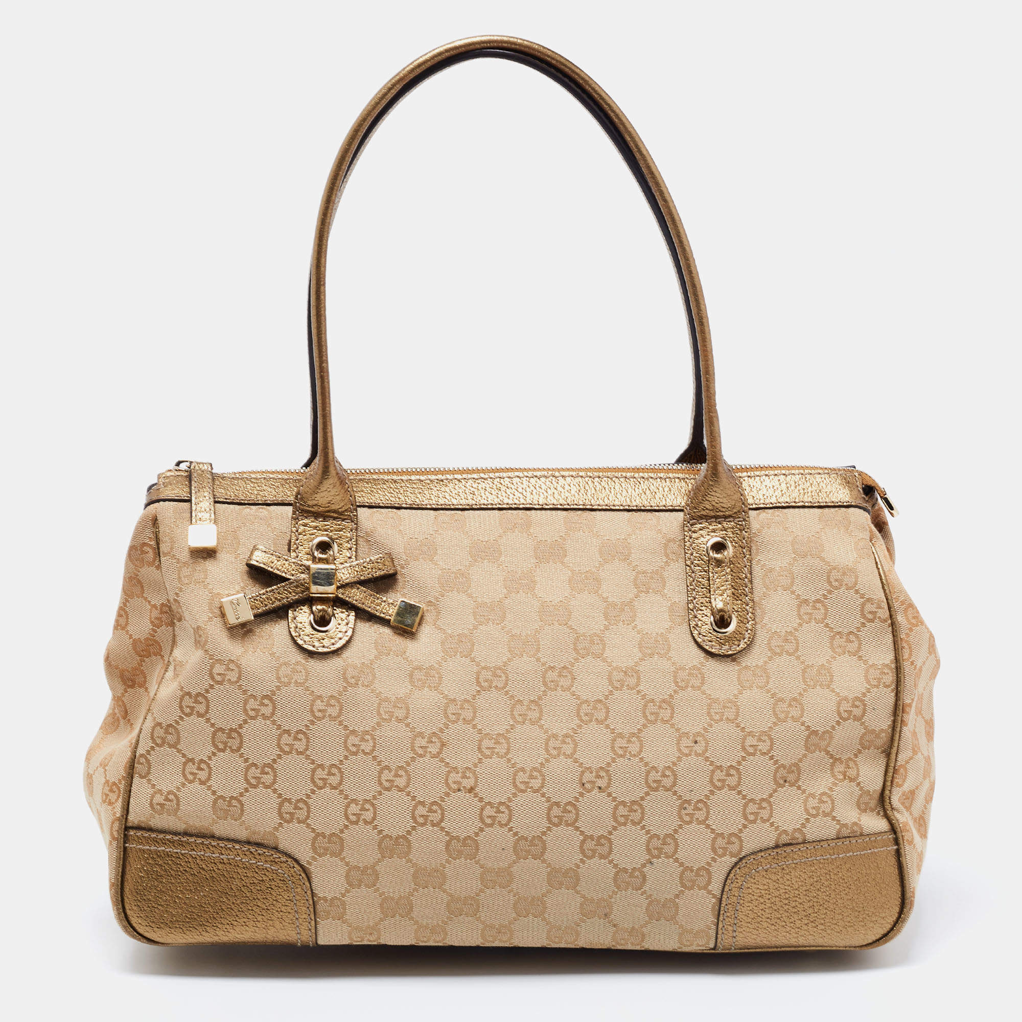 Pre Owned Gucci Beige/Gold GG Canvas And Leather Princy Tote 
