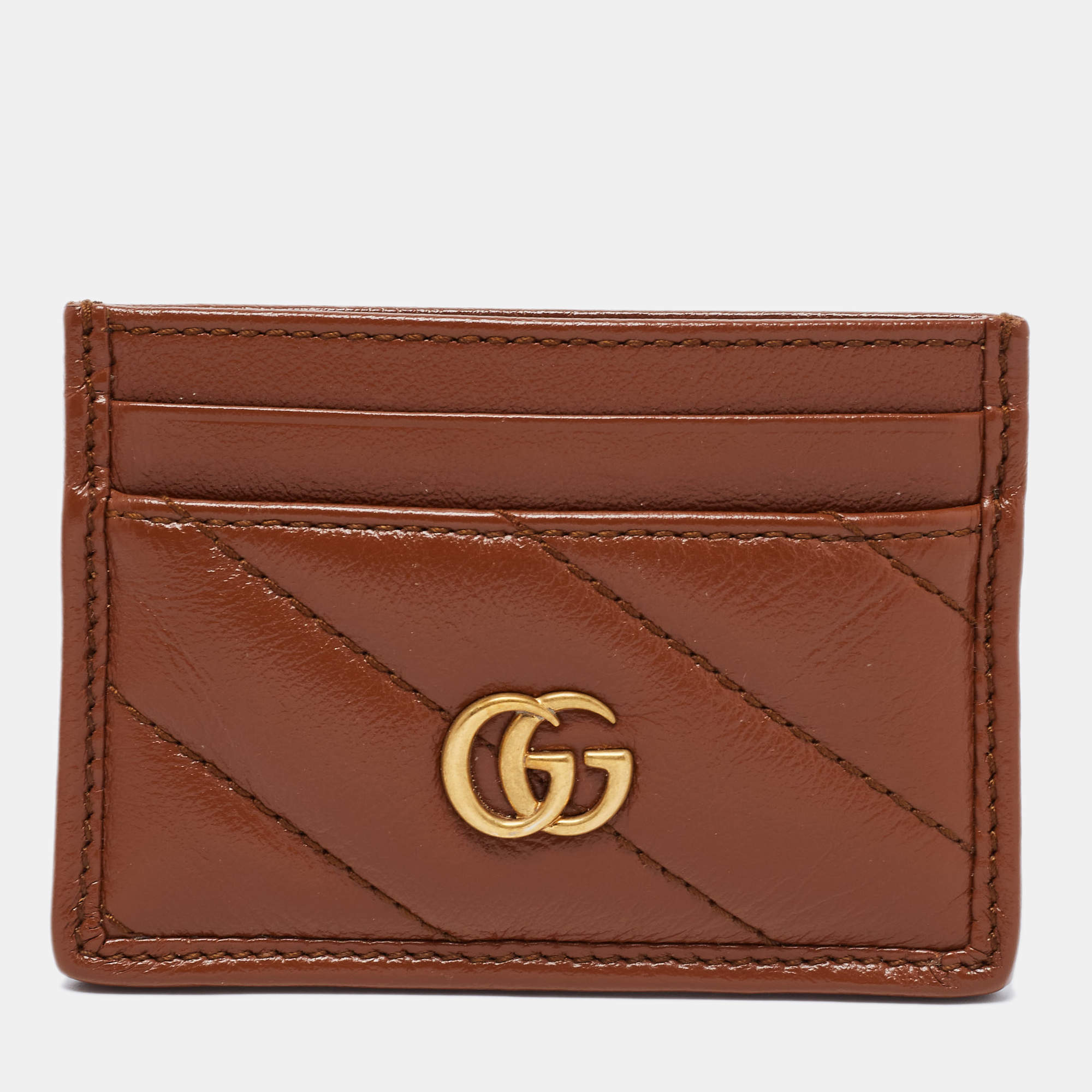 مملوكة مسبقًا Gucci Brown Matelasse Leather GG Marmont Card Holder