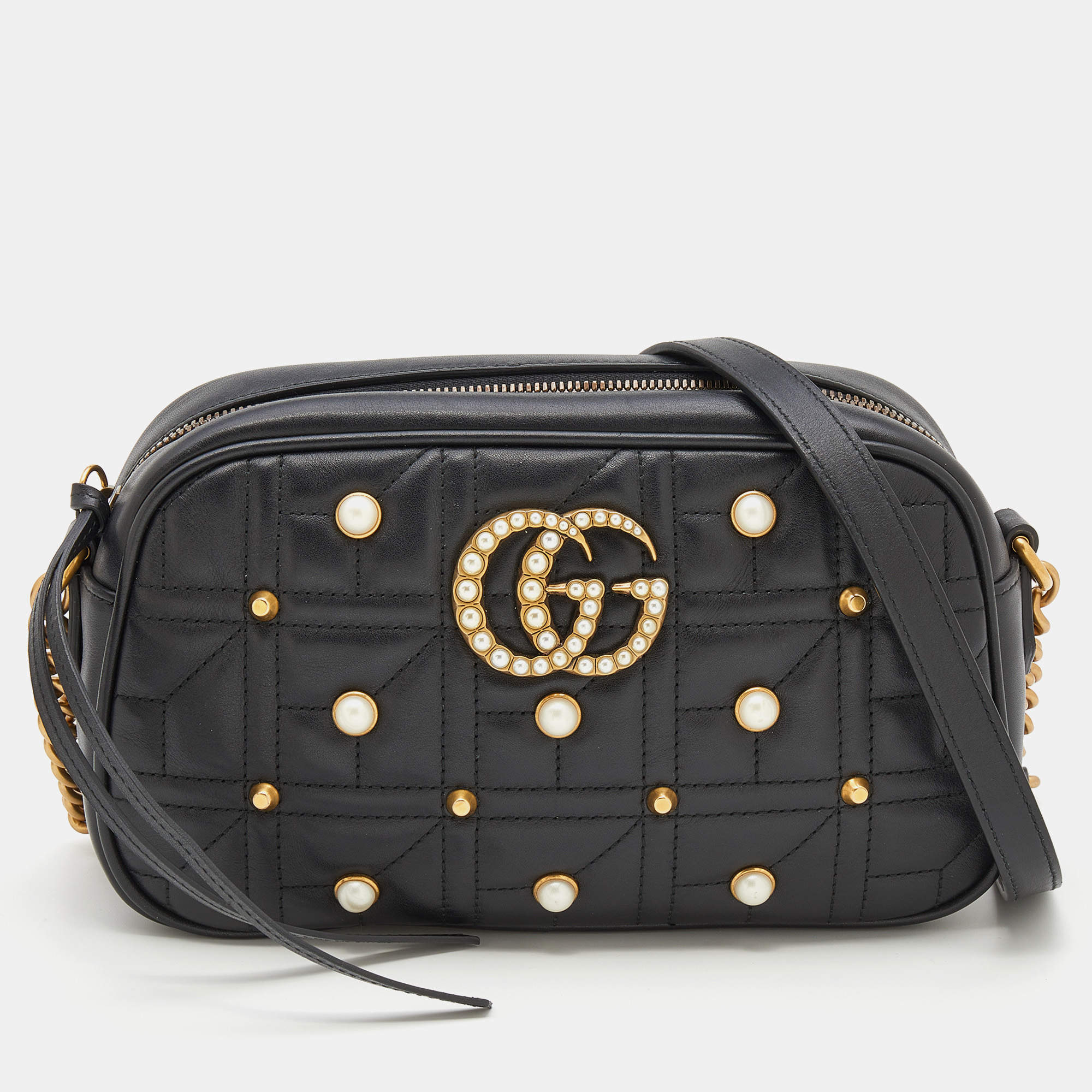 Pre Owned Gucci Black Quilted Leather Embellished Small GG Marmont Shoulder Bag