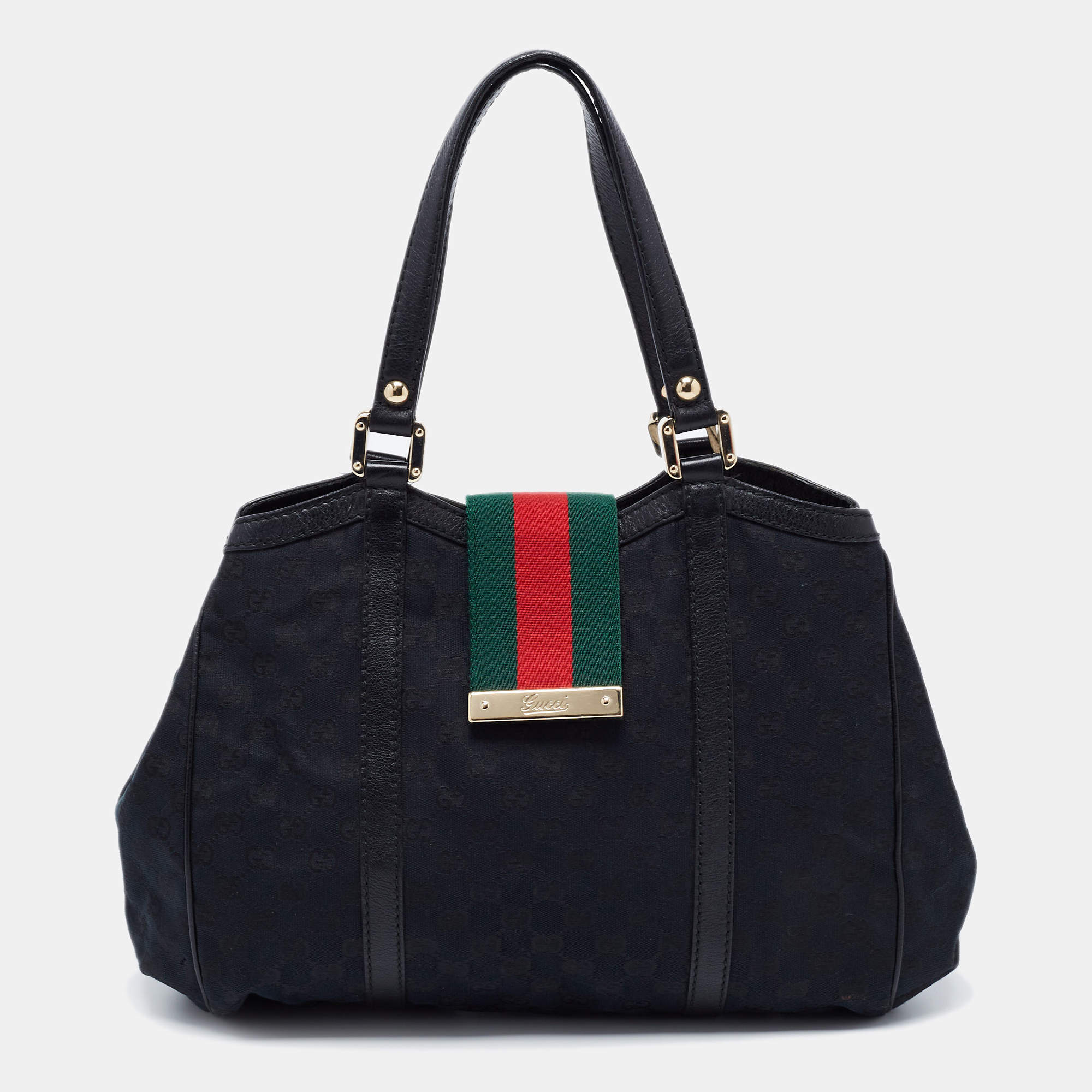 Pre Owned Gucci Black GG Canvas and Leather Medium New Ladies Web Tote  