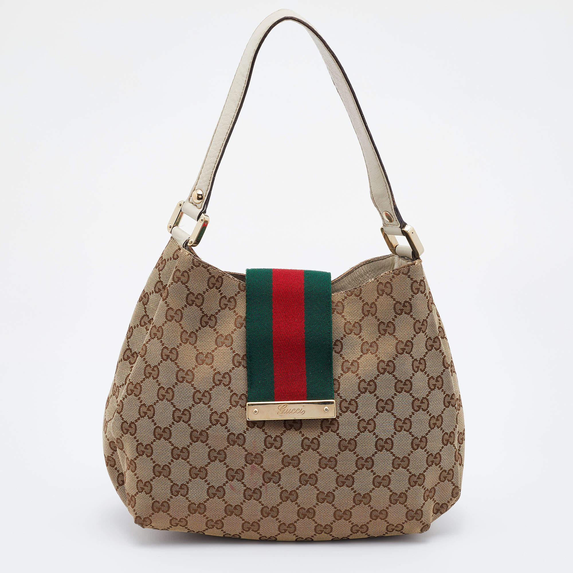 Pre Owned Gucci Beige/Brown GG Canvas And Leather Medium New Ladies Web Hobo