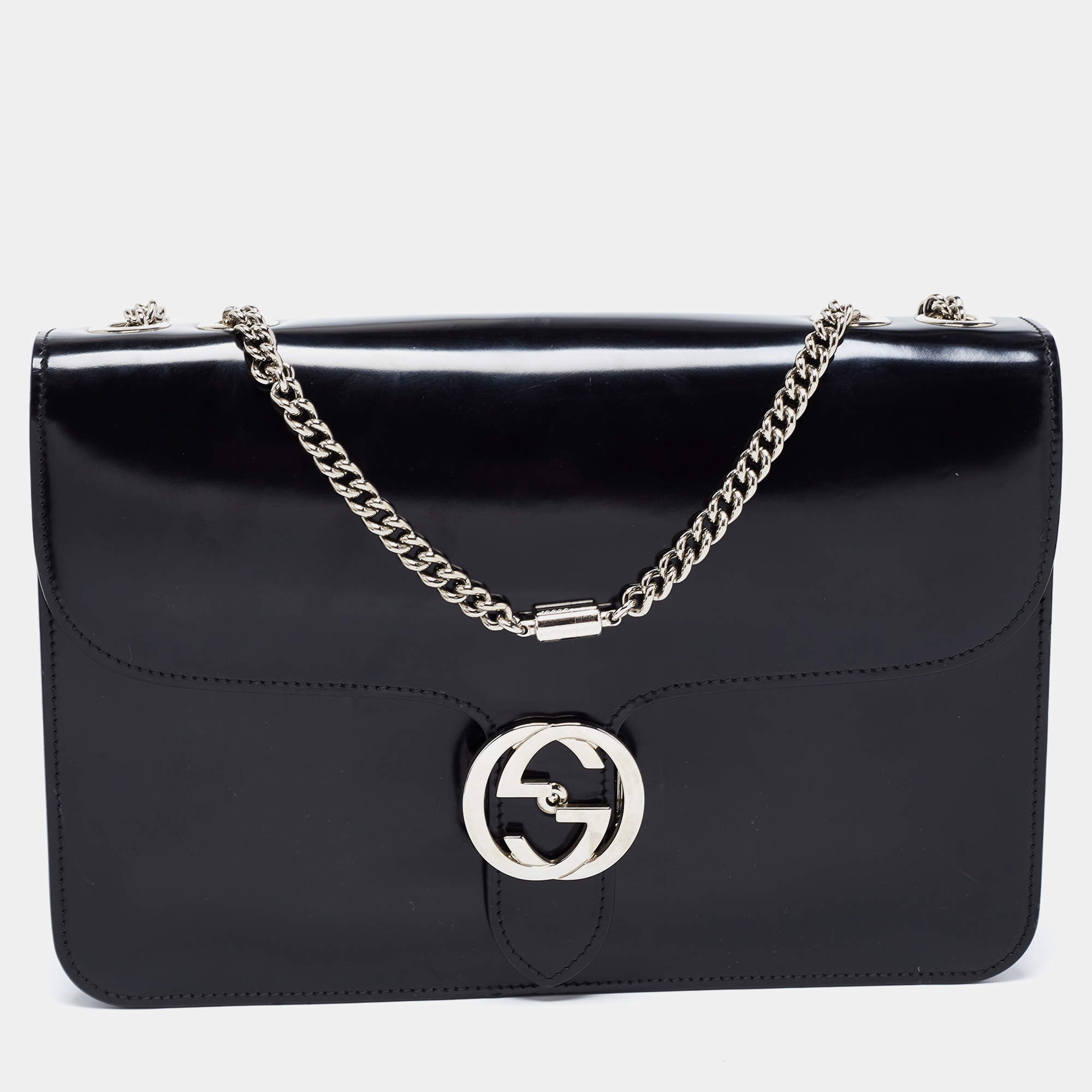 مملوكة مسبقًا Gucci Black Leather Medium Interlocking G Shoulder Bag