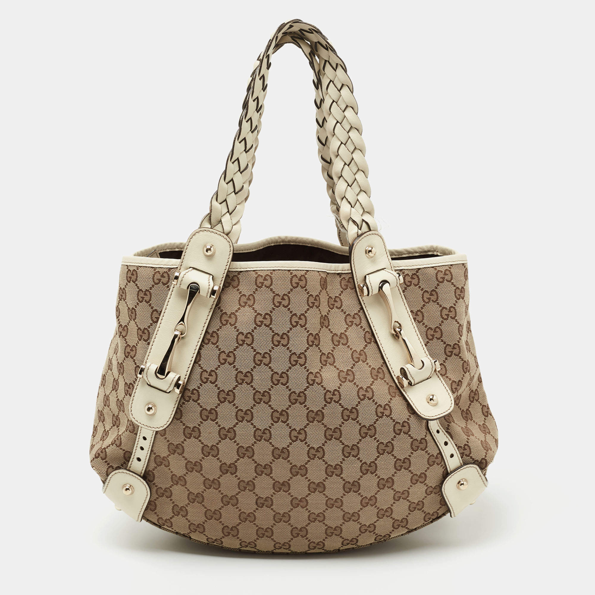 Pre Owned Gucci Beige/White GG Canvas and Leather Medium Pelham Shoulder Bag