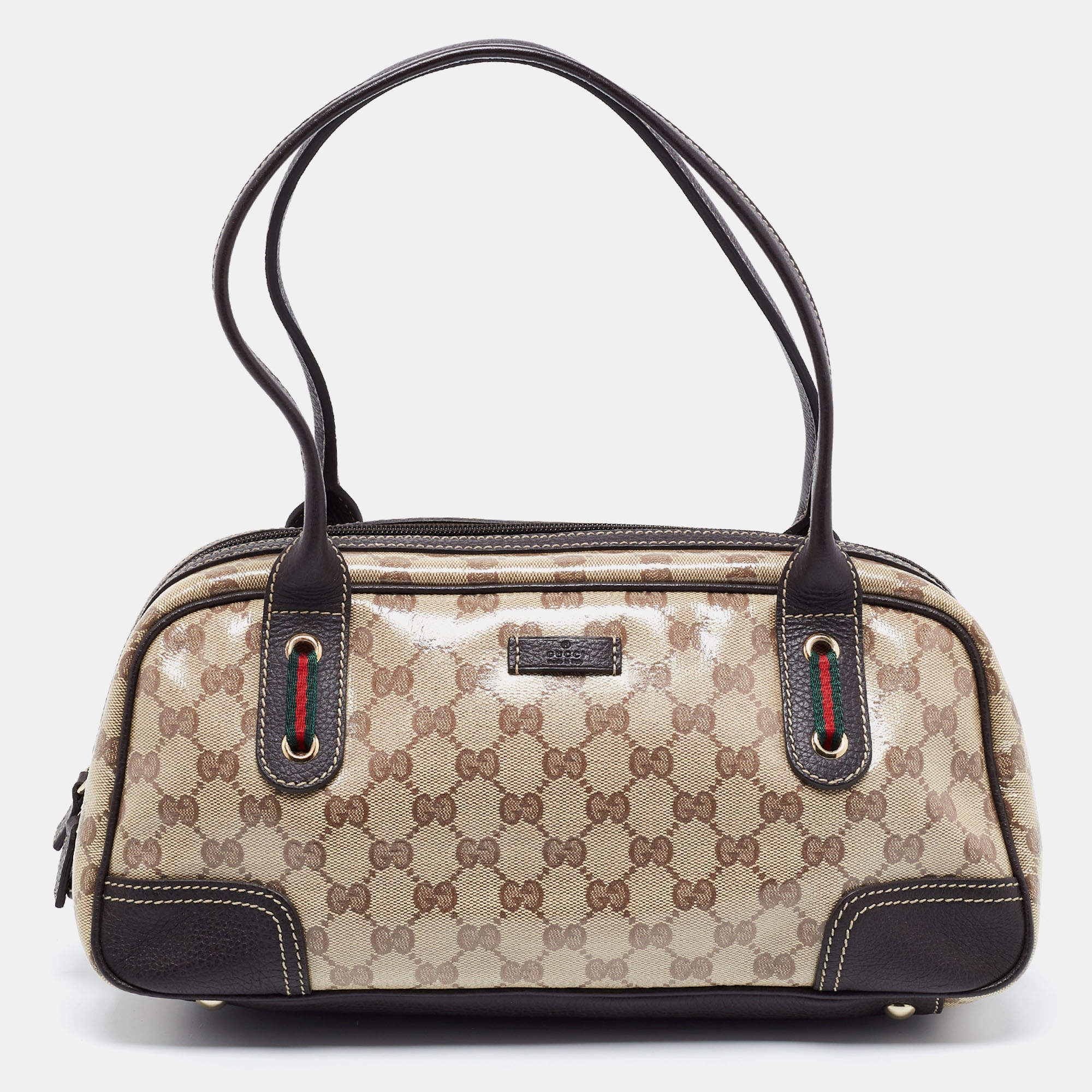 Pre Owned Gucci Beige/Brown GG Crystal Canvas and Leather Princy Satchel