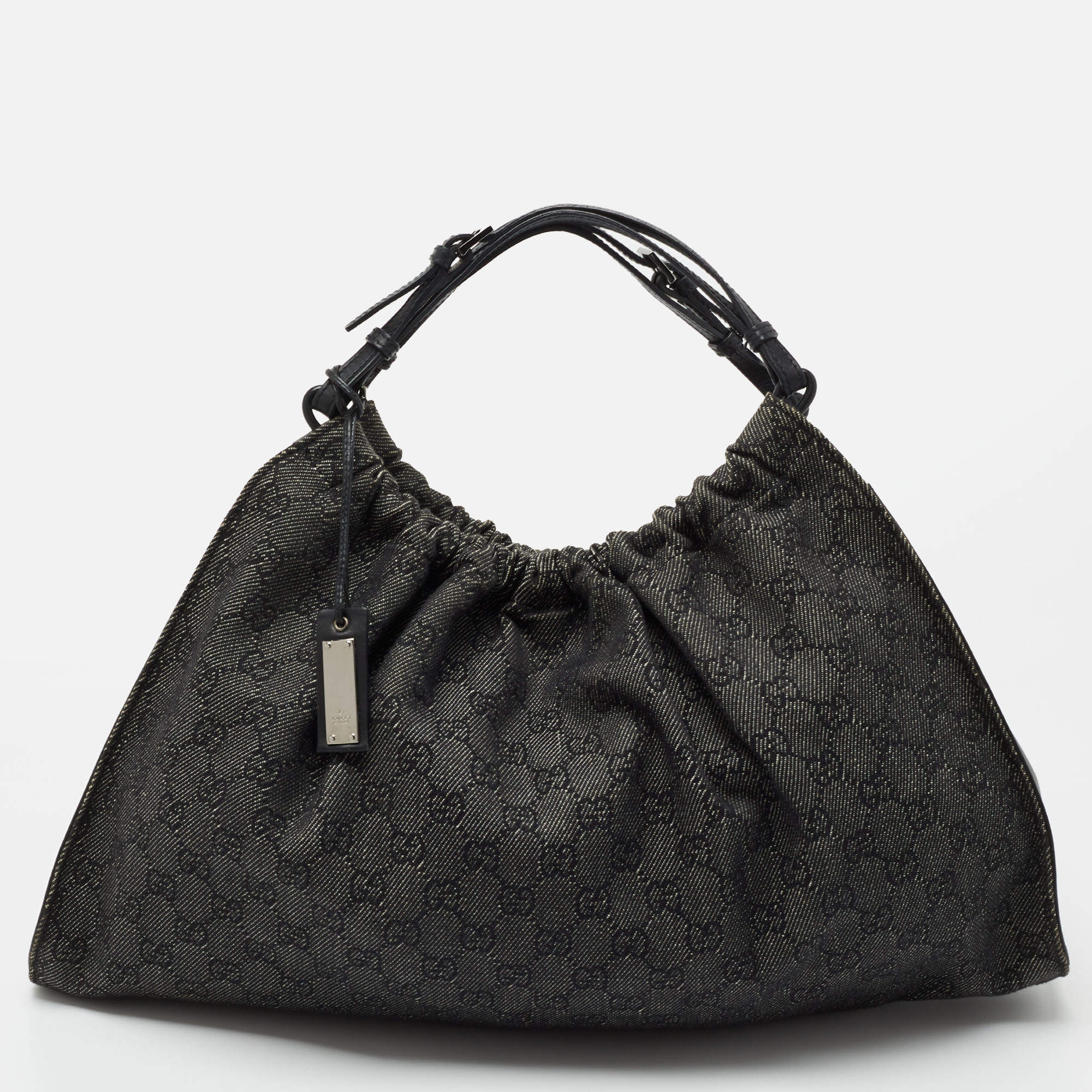 Gucci Black/Grey GG Denim and Leather Hobo