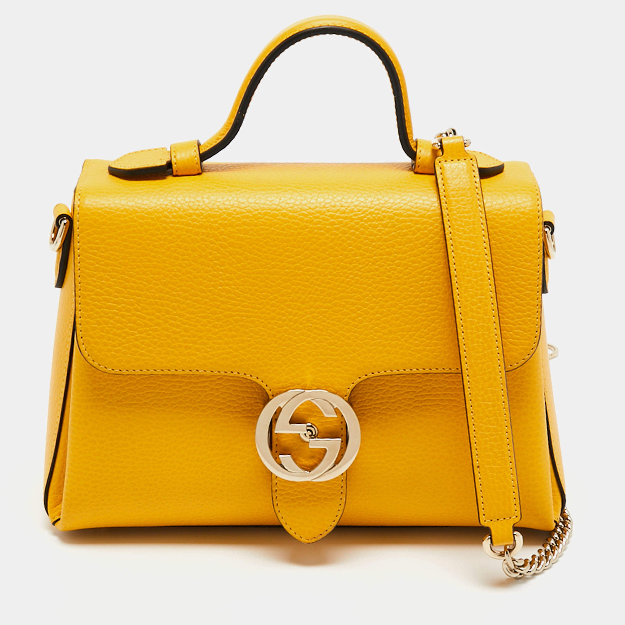 Gucci Yellow Leather Interlocking G Top Handle Bag