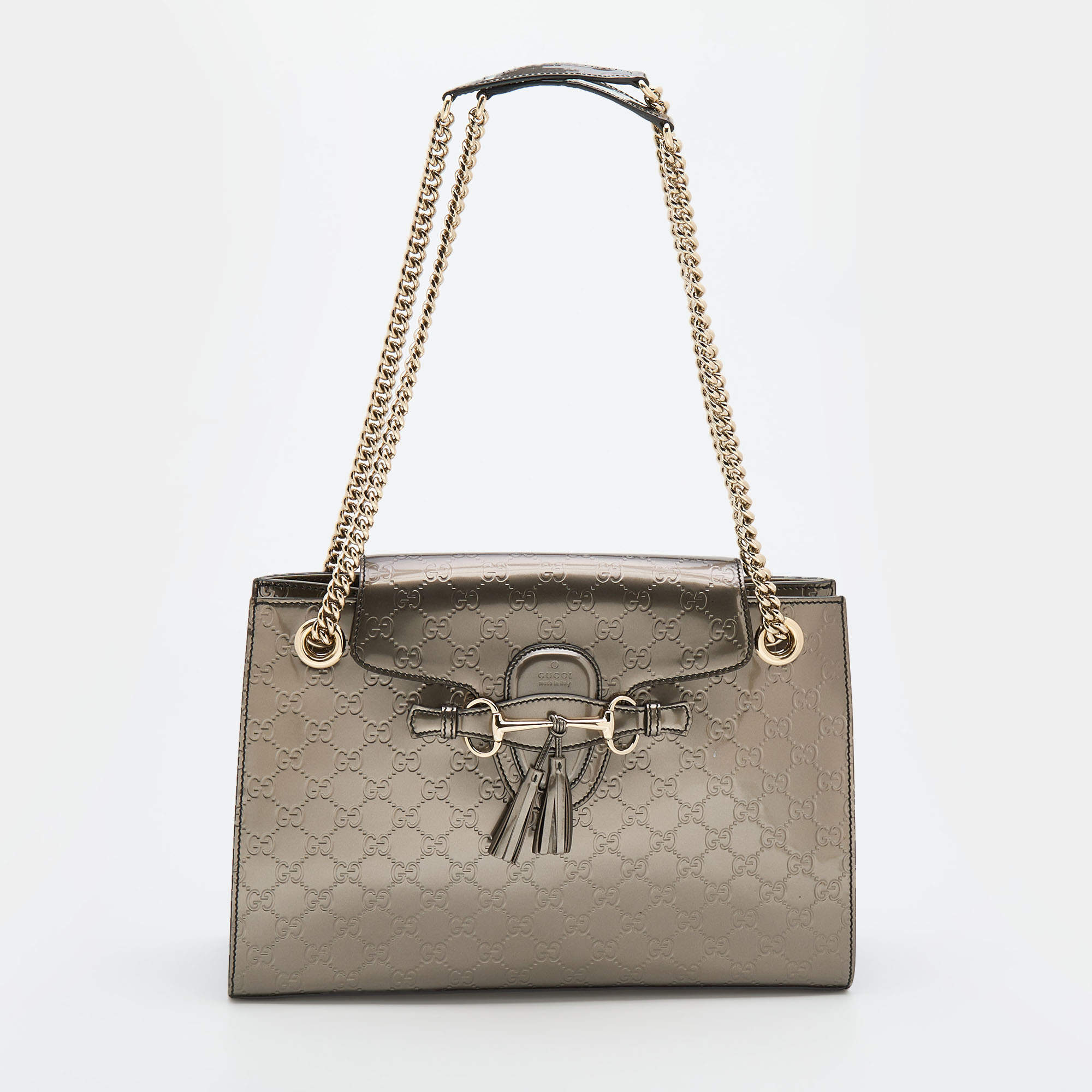 Pre Owned Gucci Dark Olive Guccissima Patent Leather Large Emily Chain Shoulder Bag