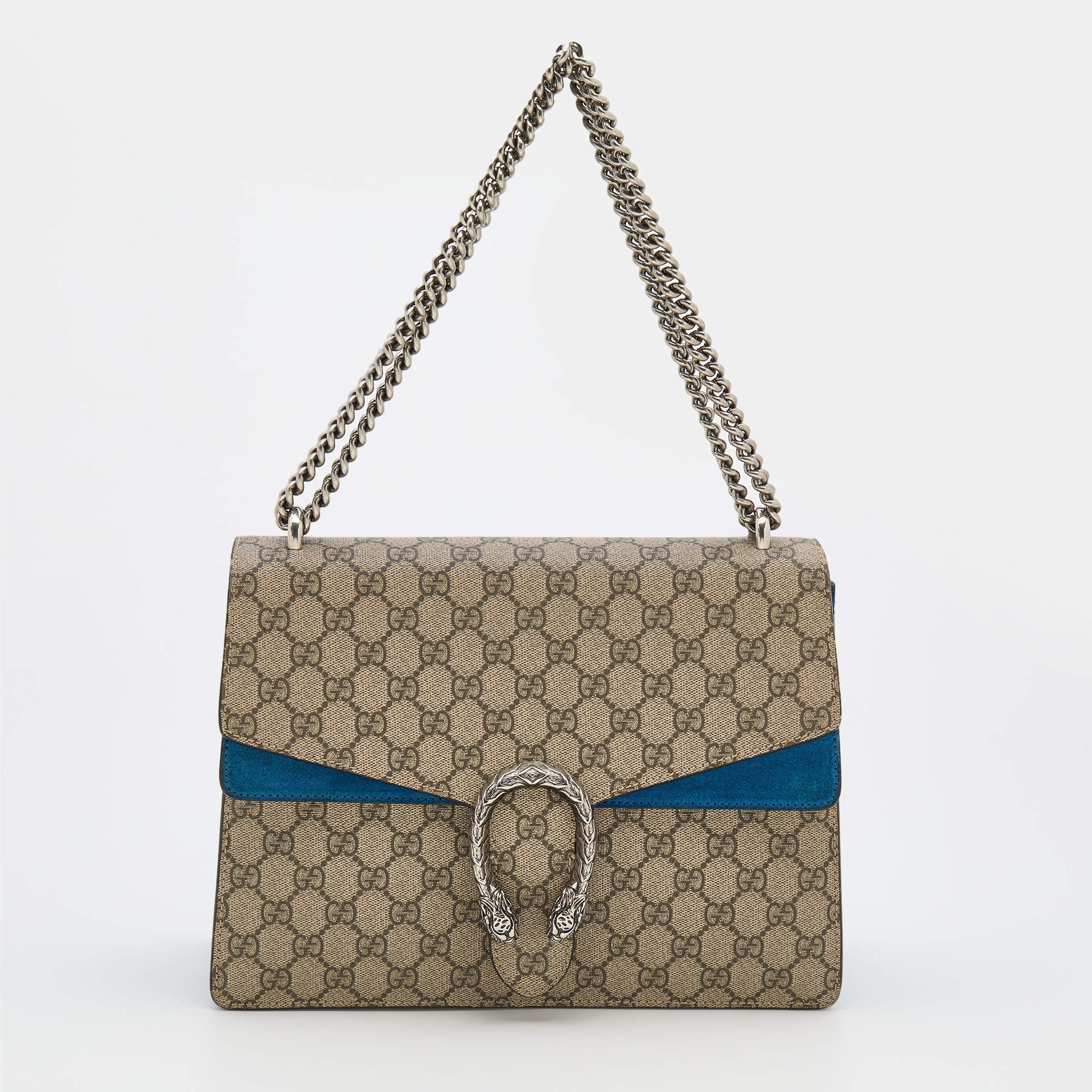 Pre Owned Gucci Beige/Blue GG Supreme Canvas and Suede Medium Dionysus Shoulder Bag