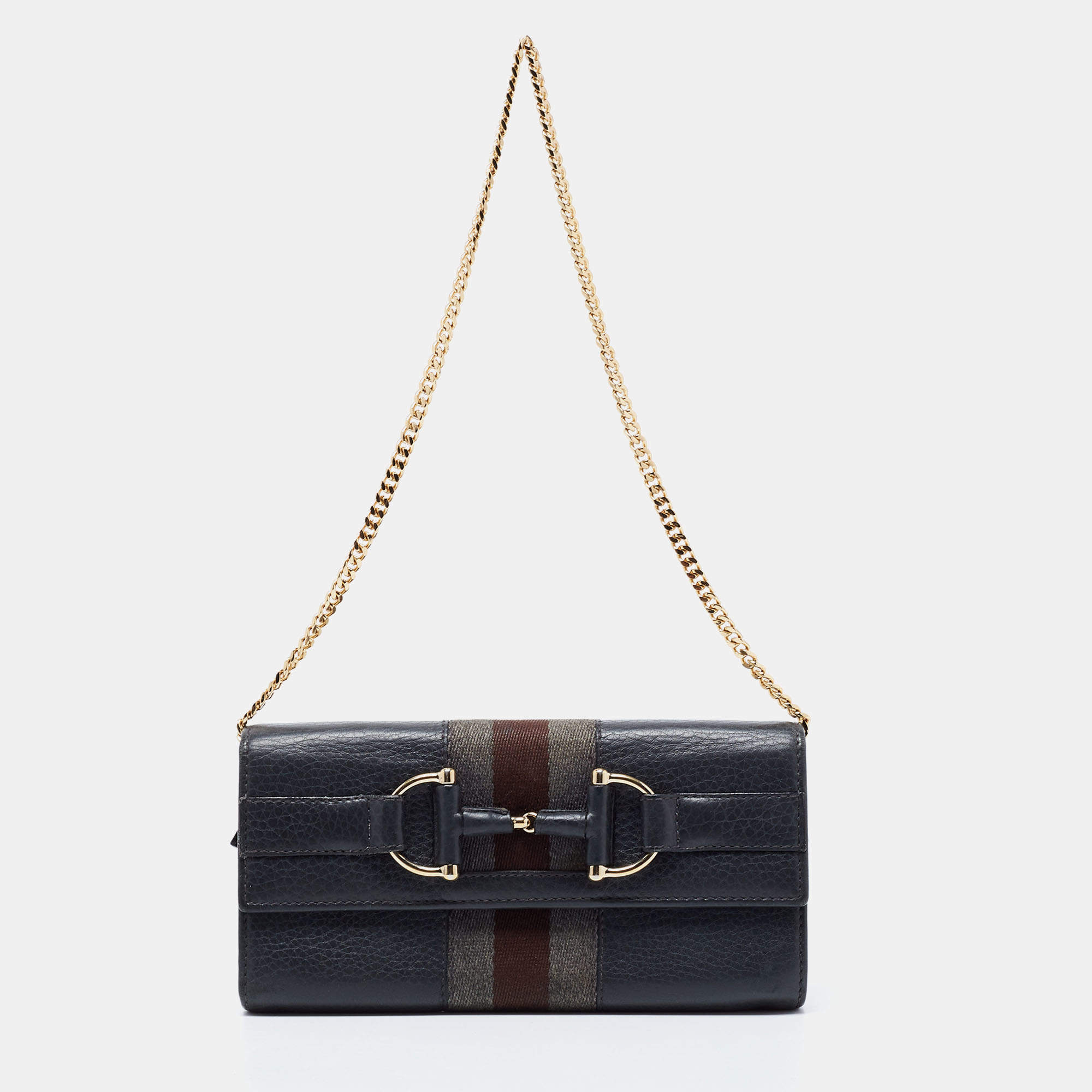 Gucci Grey Leather Horsebit Web Wallet On Chain