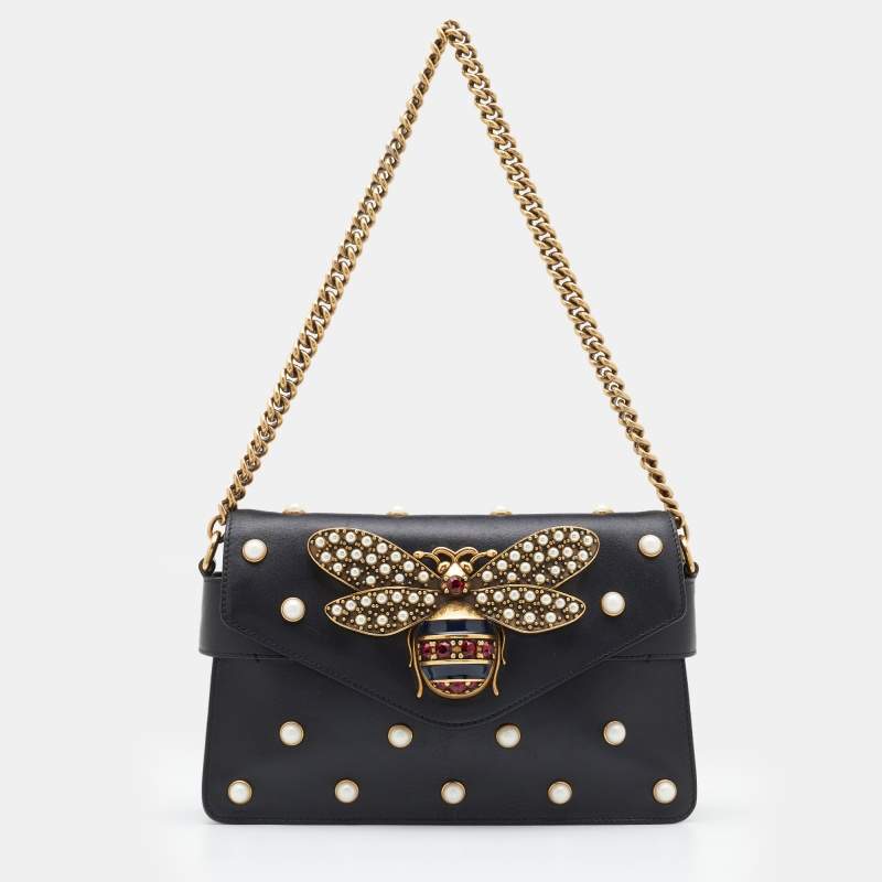 Gucci Broadway Pearly Bee Mini Black in Calfskin with Gold-tone - US