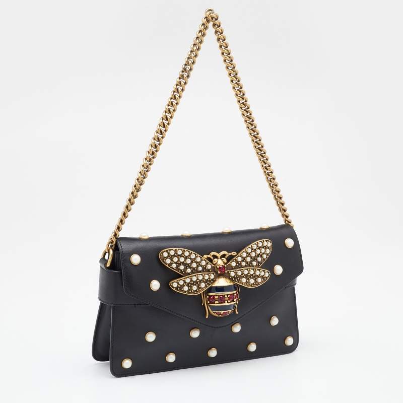 Gucci Queen Margaret Embellished Bee Pearl Stud White Flap Crossbody Bag
