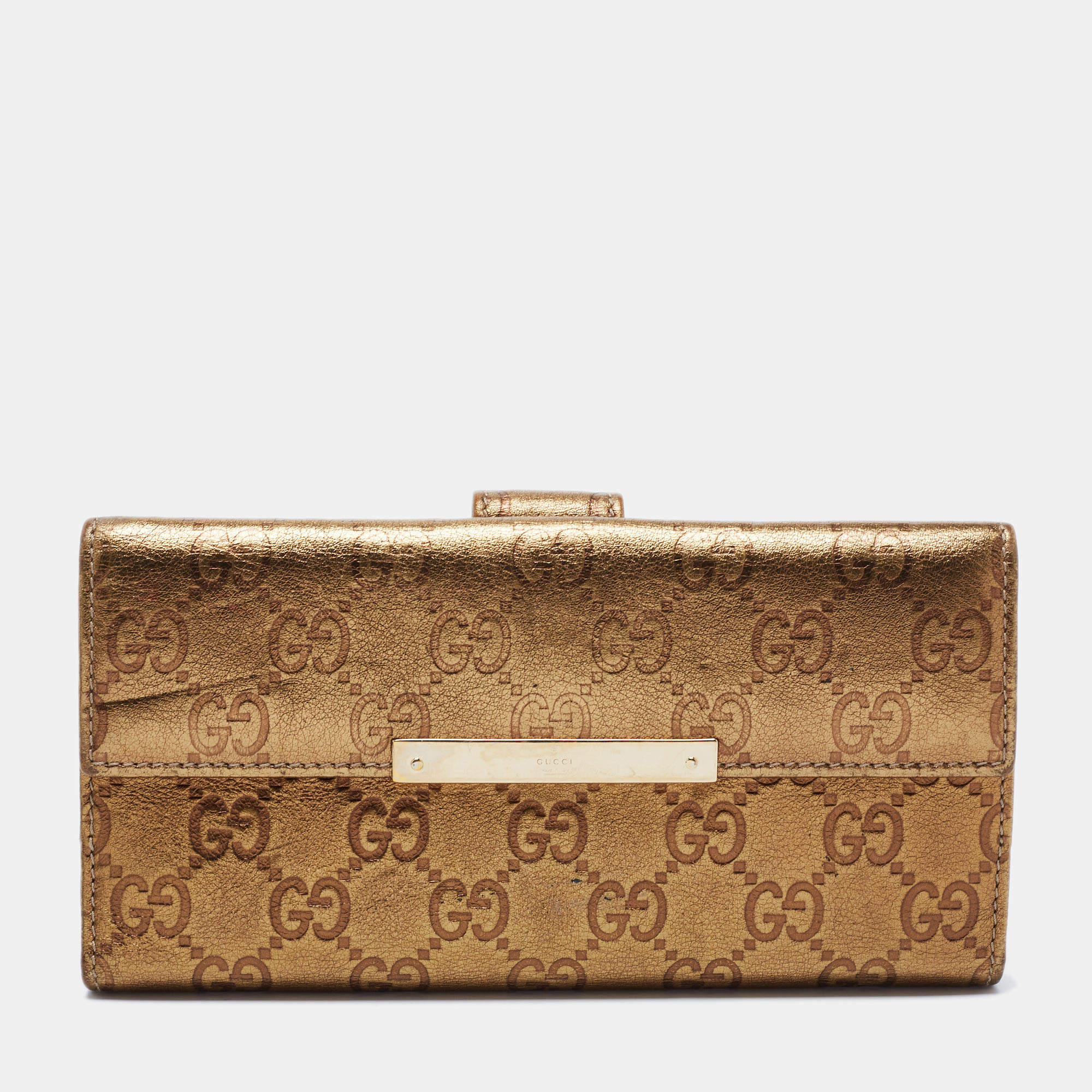 Pre Owned Gucci Metallic Gold Guccissima Leather Flap Continental Wallet
