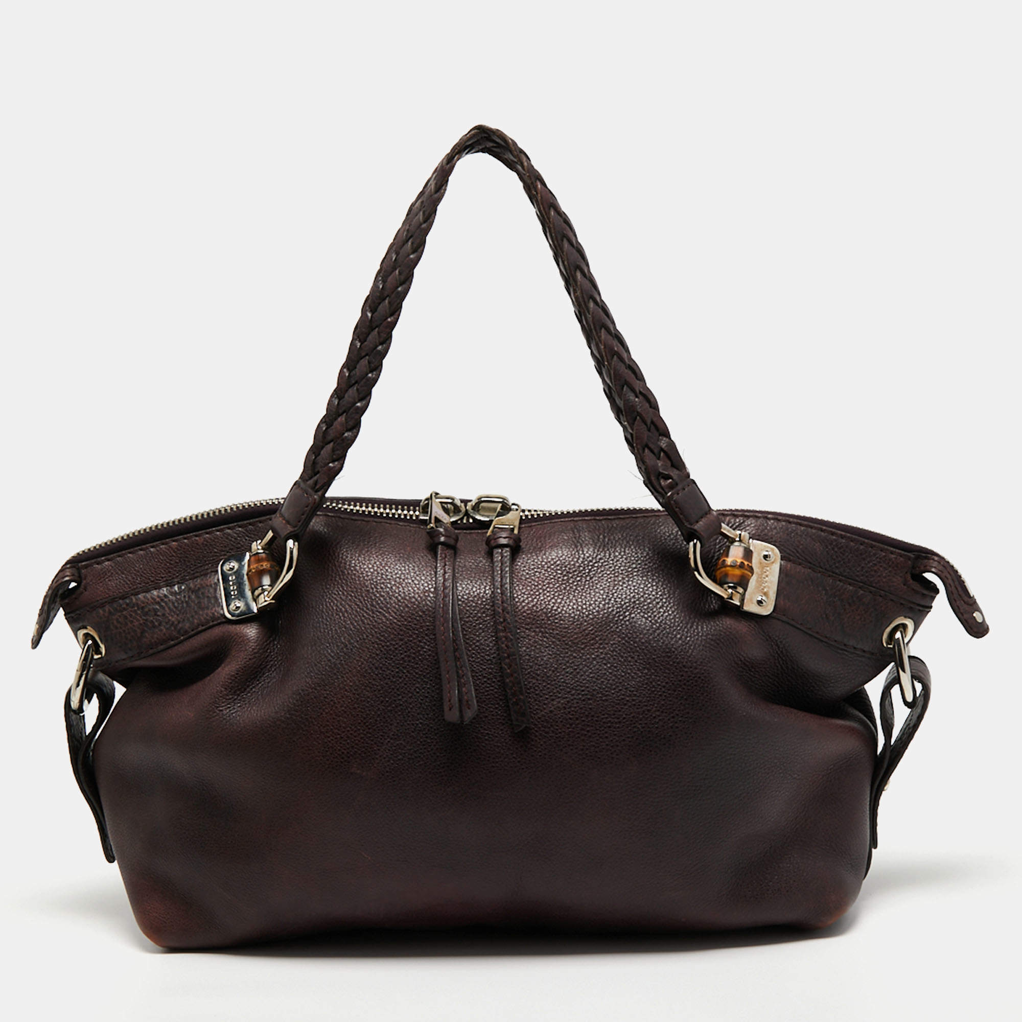 Pre Owned Gucci Plum Leather Medium Bamboo Bar Tote