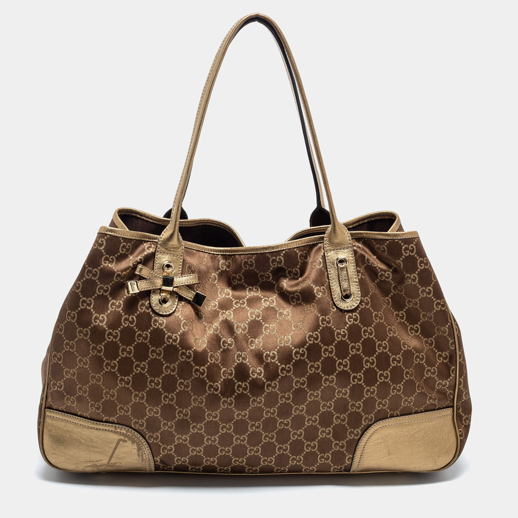 Pre Owned Gucci Brown/Gold GG Canvas And Leather Princy Tote
