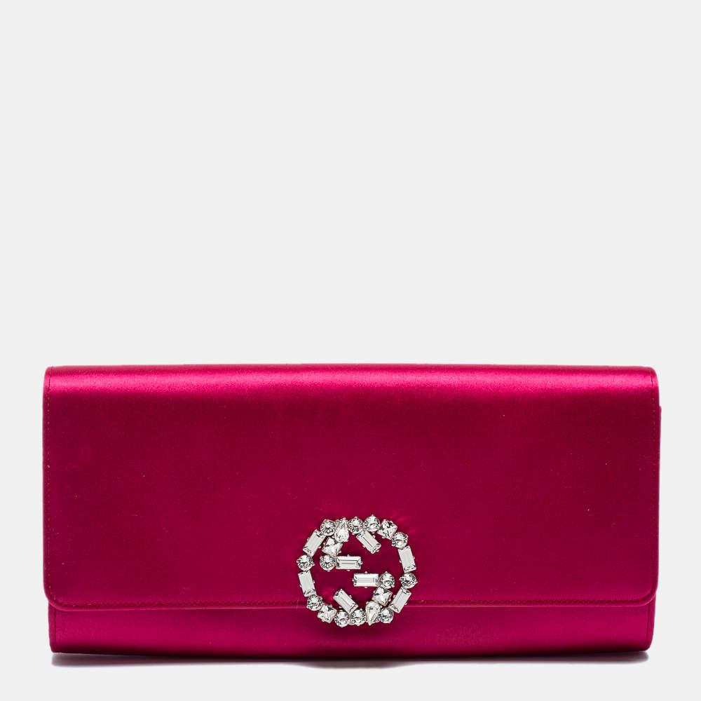 Pre Owned Gucci Pink Satin Crystal Interlocking G Broadway Clutch