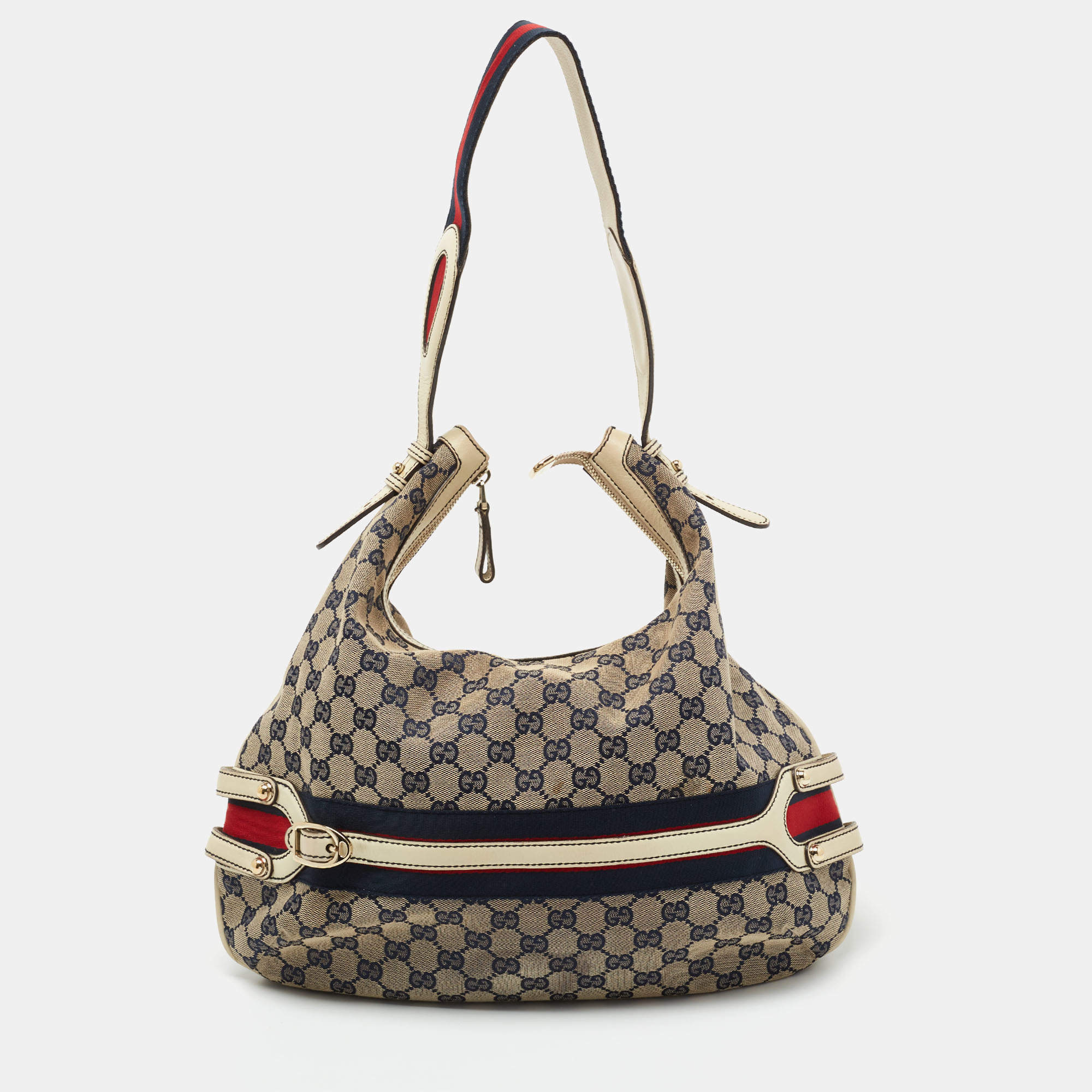 Pre Owned Gucci Blue/Off White Web Guccissima Canvas and Leather Hobo