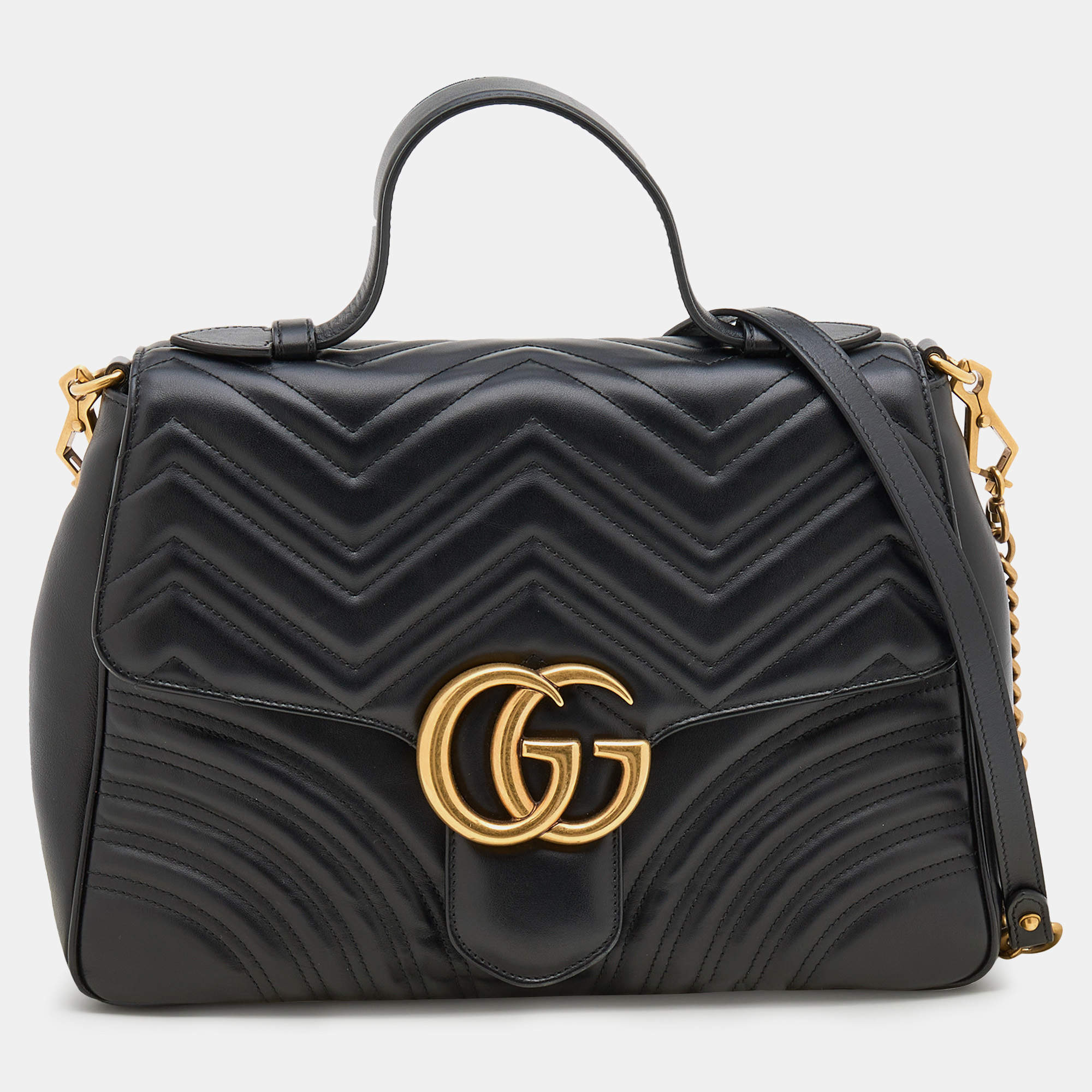 Pre Owned Gucci Black Leather Medium GG Marmont Top Handle Bag