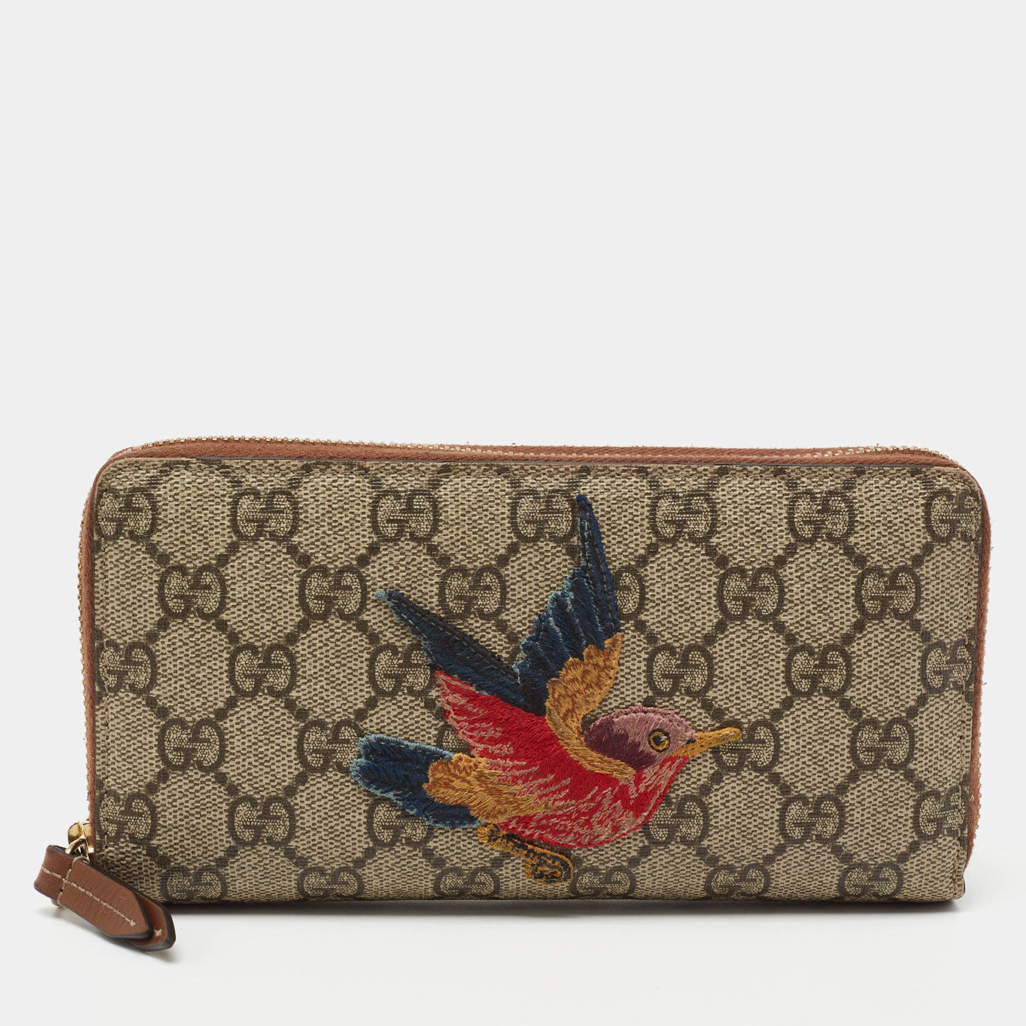 Gucci Beige GG Supreme Canvas Bird Embroidered Zip Around Wallet