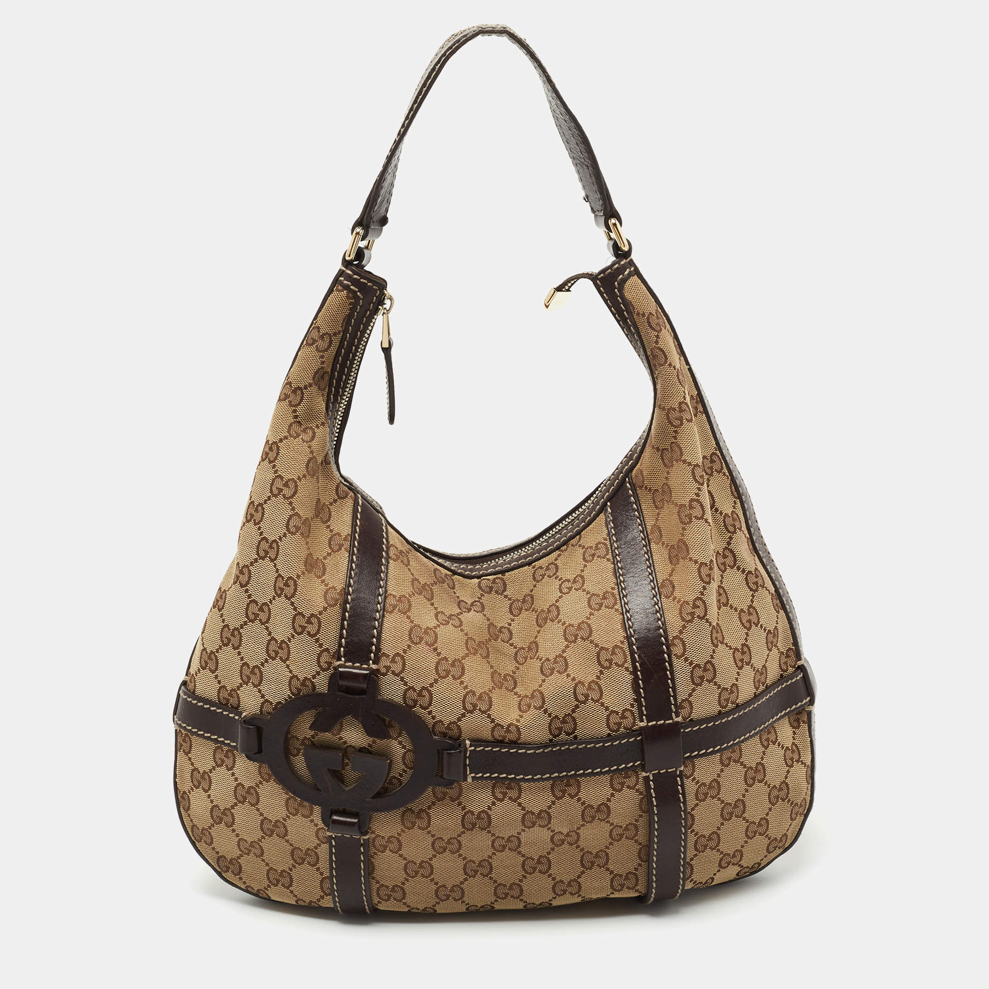 Pre Owned Gucci Beige/Ebony GG Canvas and Leather Royal Hobo