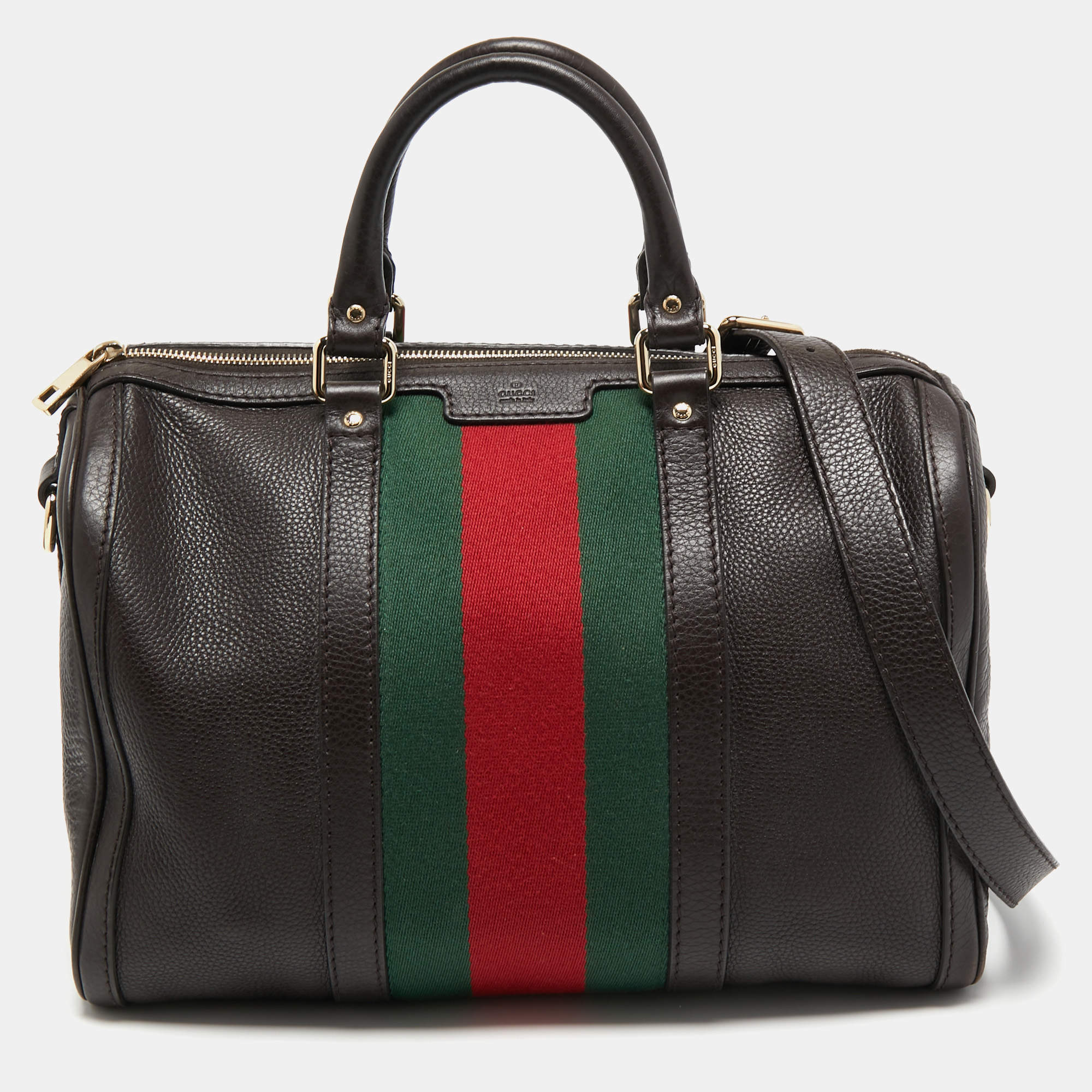 Pre Owned Gucci Brown Leather Web Boston Bag