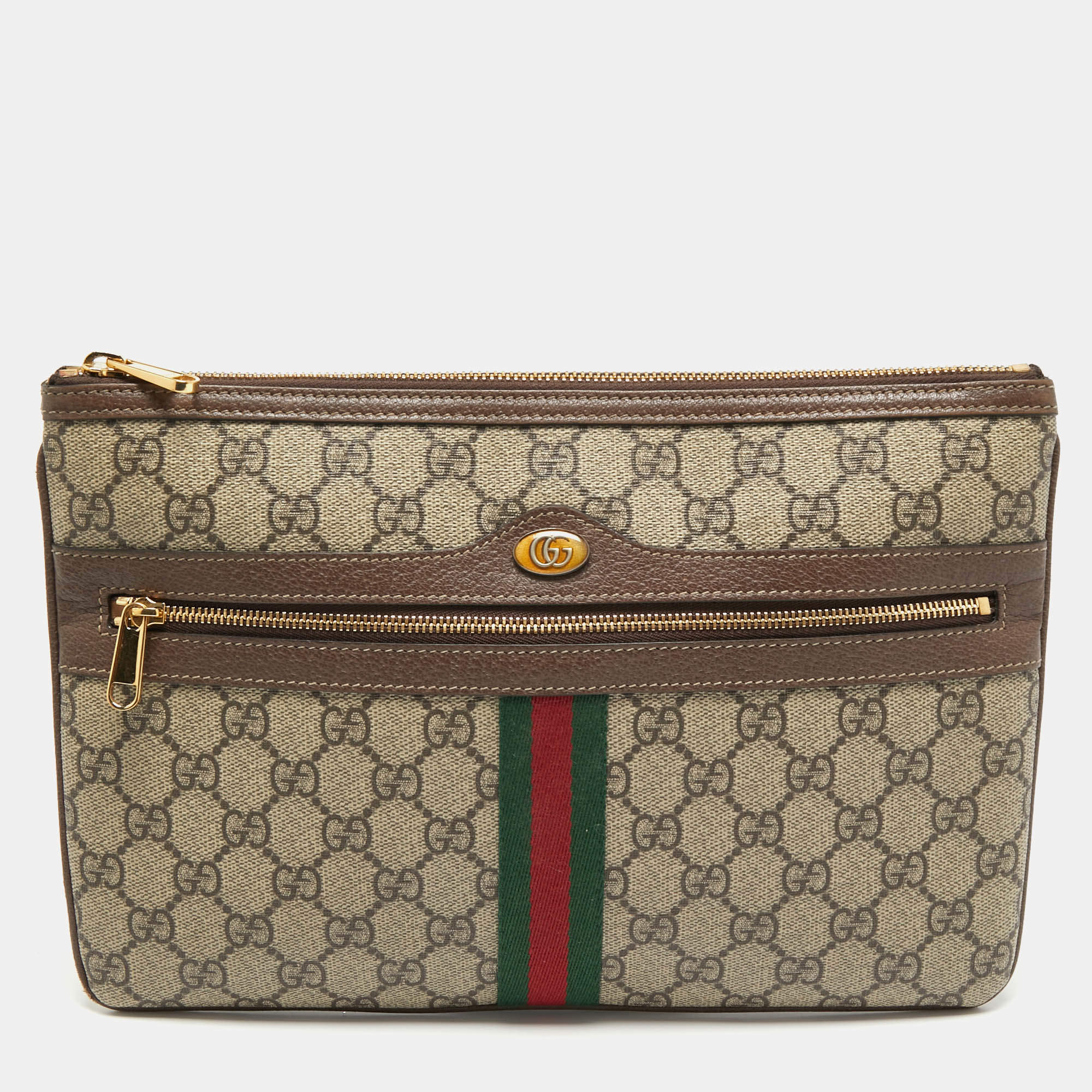 Pre Owned Gucci Beige GG Supreme Canvas and Leather Ophidia Pouch
