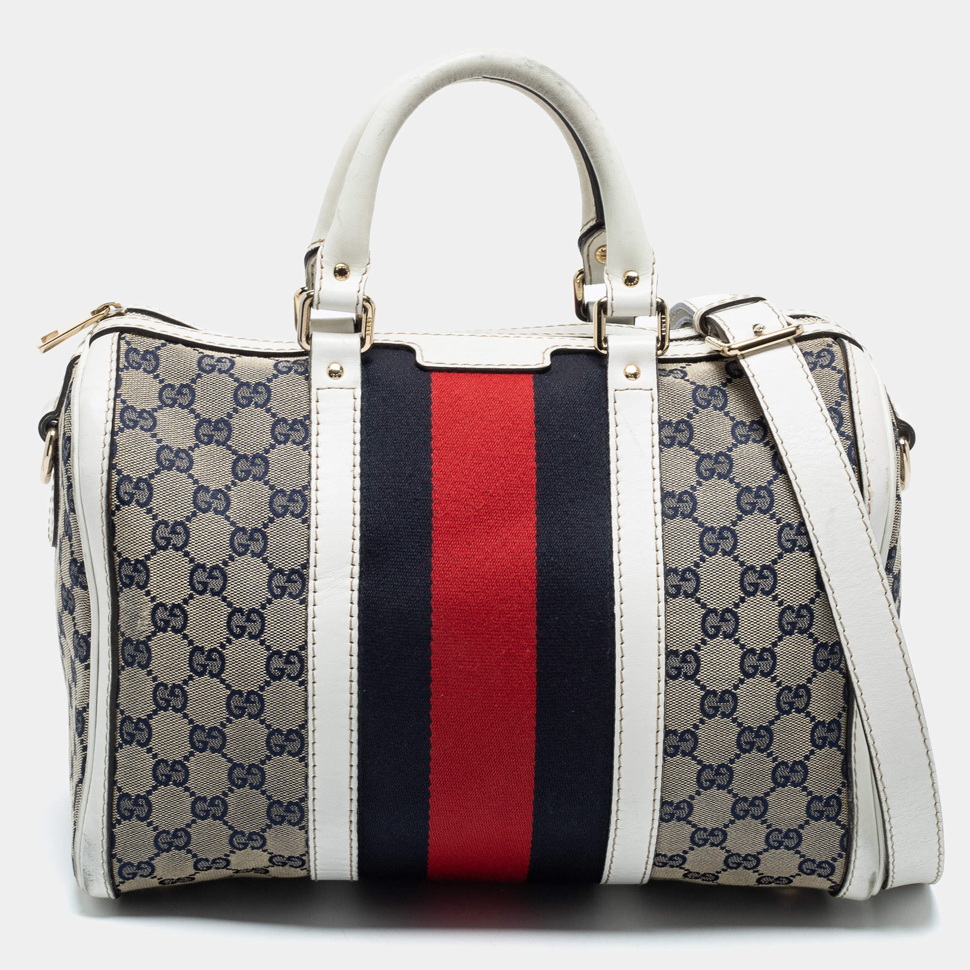 مملوكة مسبقًا Gucci Beige/White Canvas and Leather Web Boston Bag