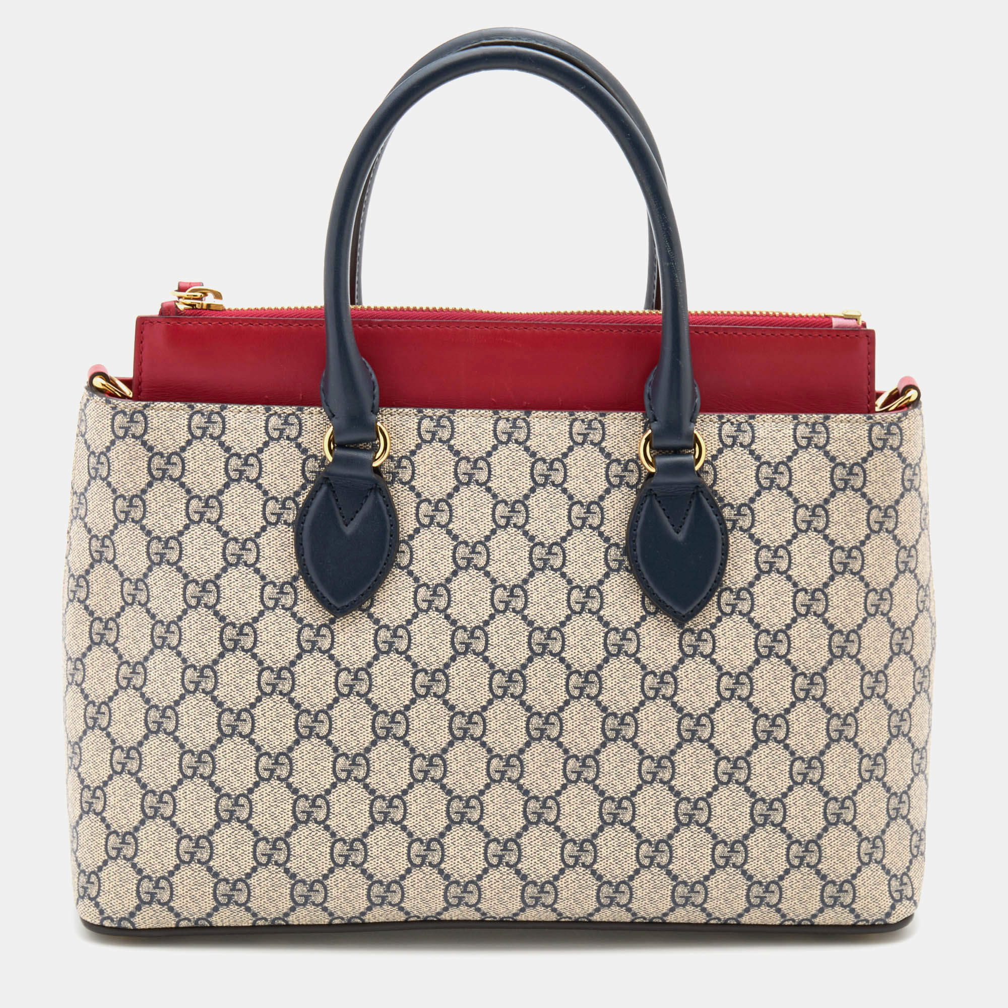 Pre Owned Gucci Multicolor GG Supreme Monogram and Leather Small Tuscany Top Zip Tote